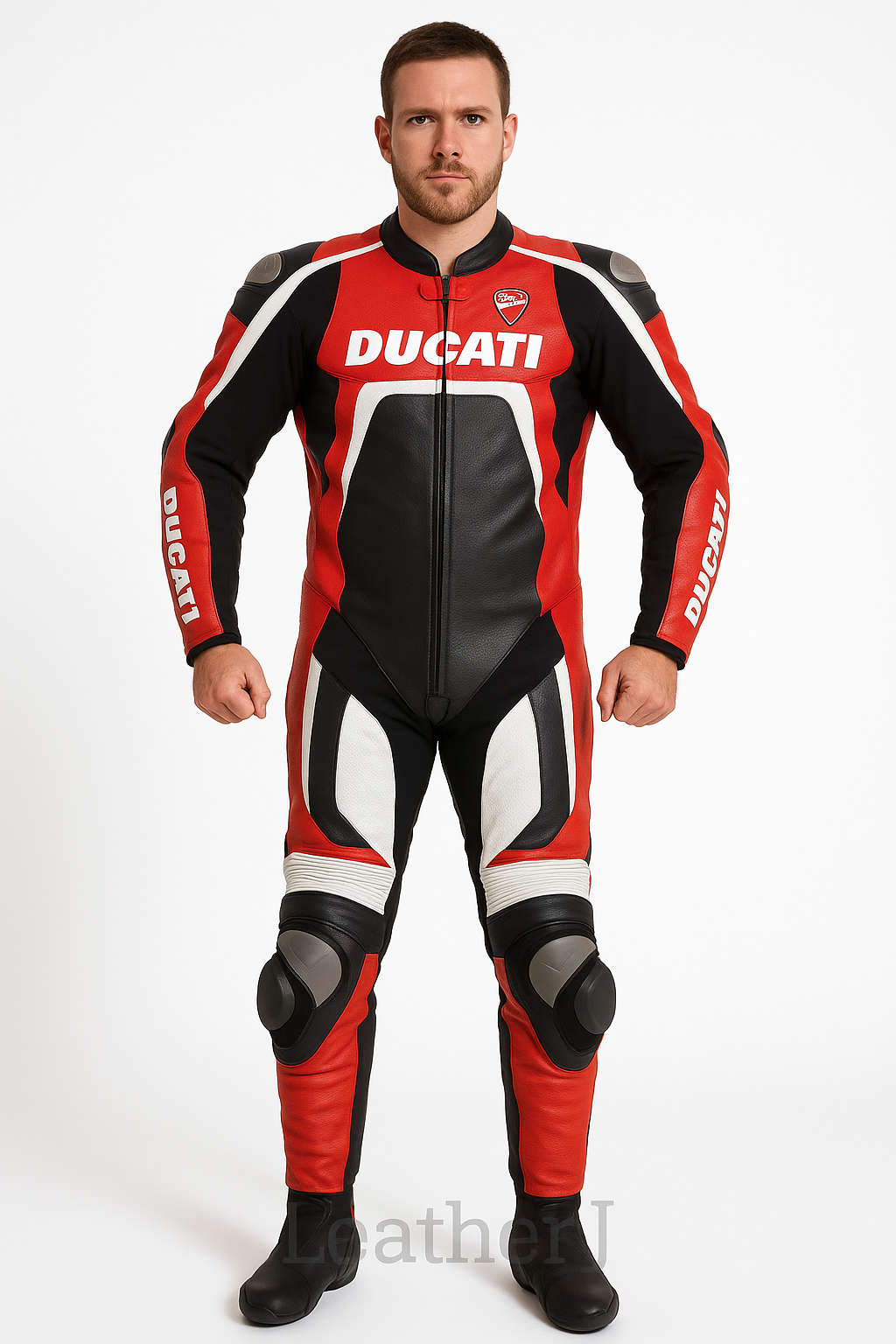 Men’s Ducati Racing Leather Suit – Black, Red & White Motorcycle Track Gear
