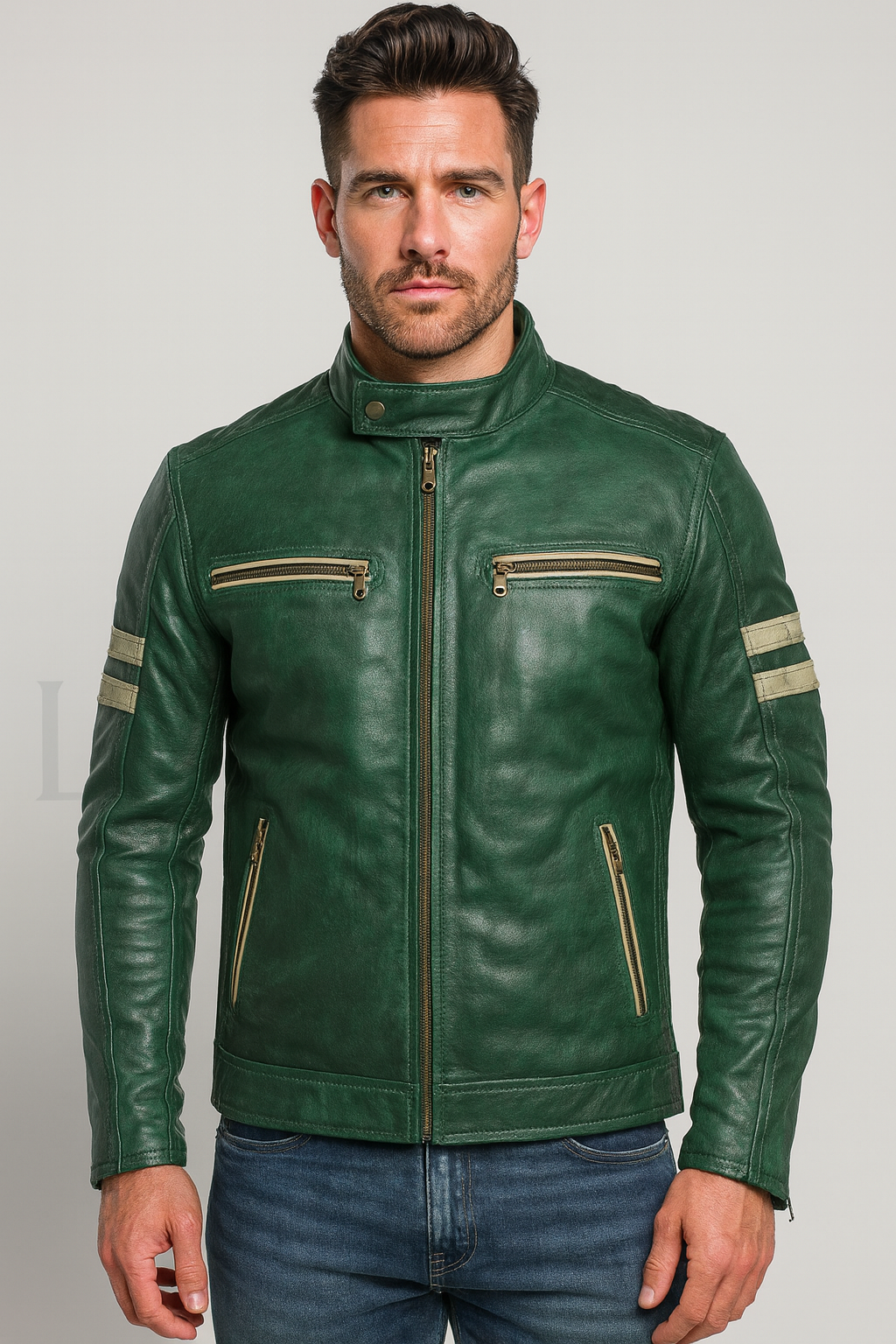Men’s Forest Green Real Leather Biker Jacket – Slim Fit Retro Moto Style