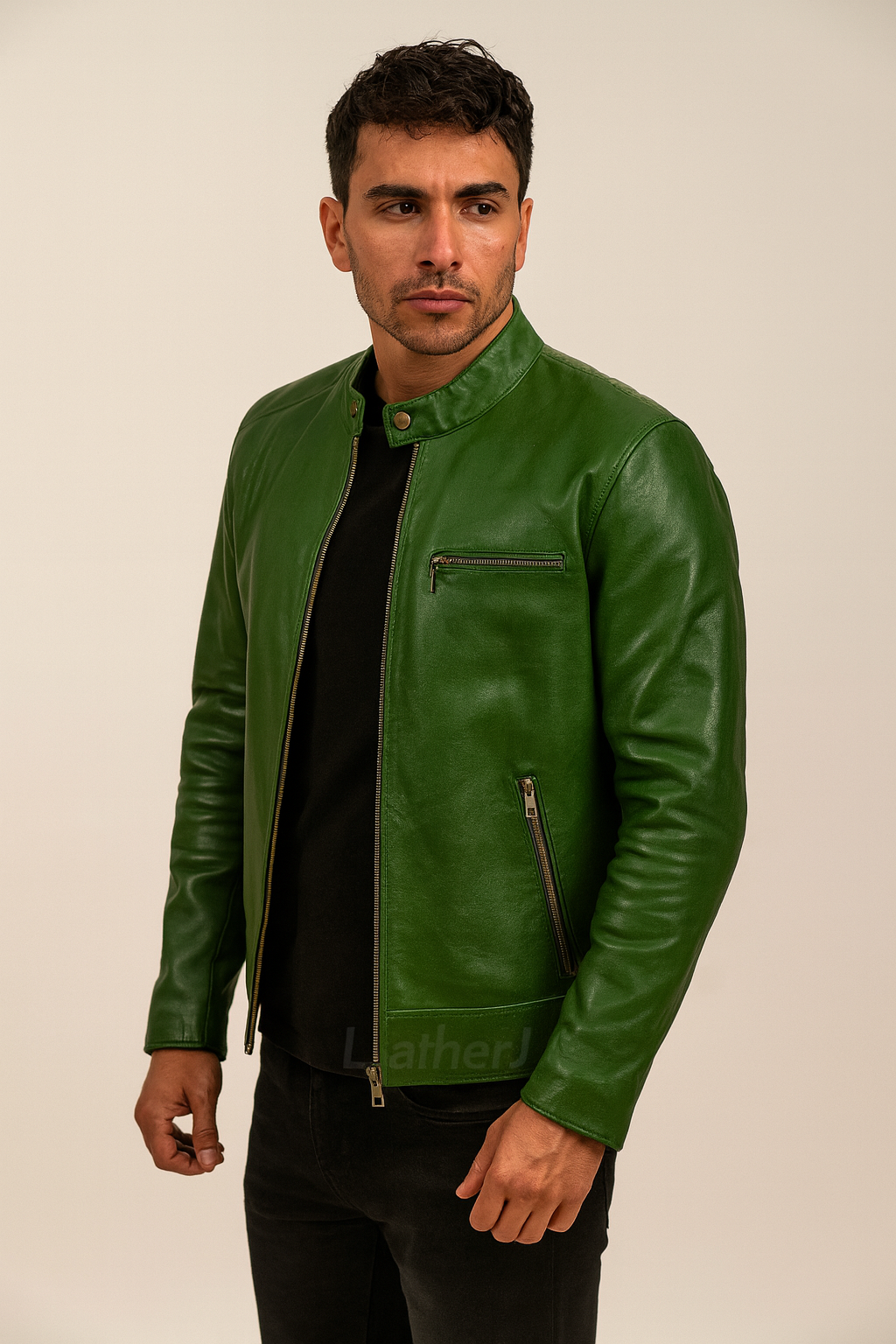 Men’s Green Real Leather Jacket – Slim Fit Moto Style Biker Outerwear