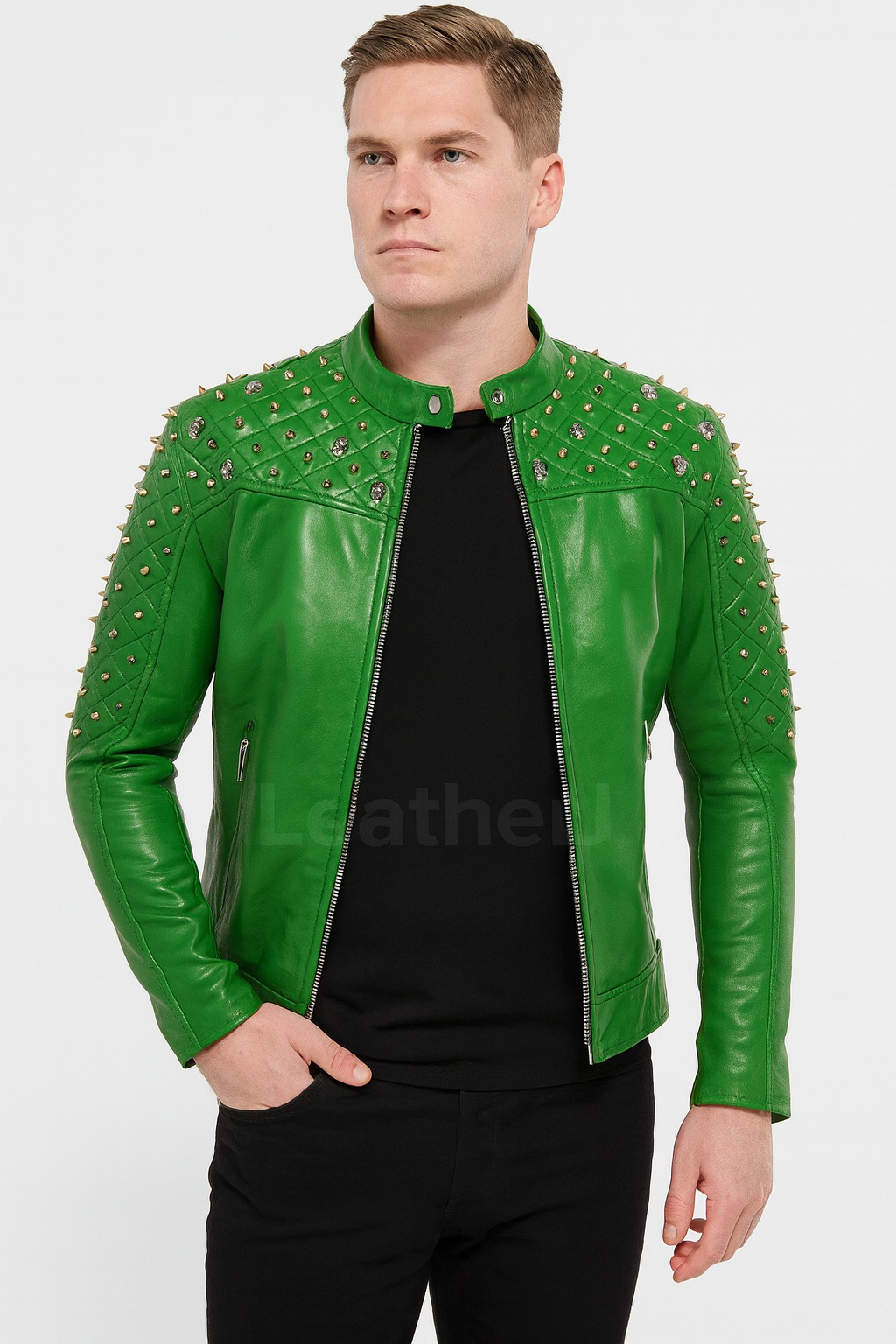 Men’s Green Studded Real Leather Jacket – Punk Rock Biker Style