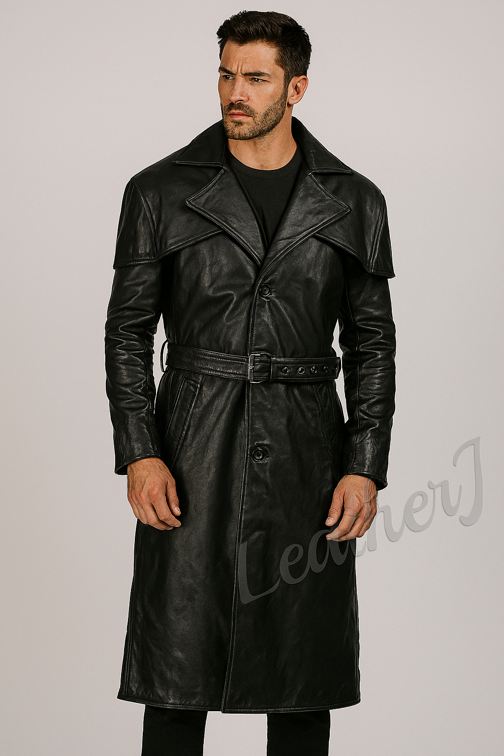 Men’s Jet Black Real Leather Trench Coat – Long Gothic Style with Belted Waist