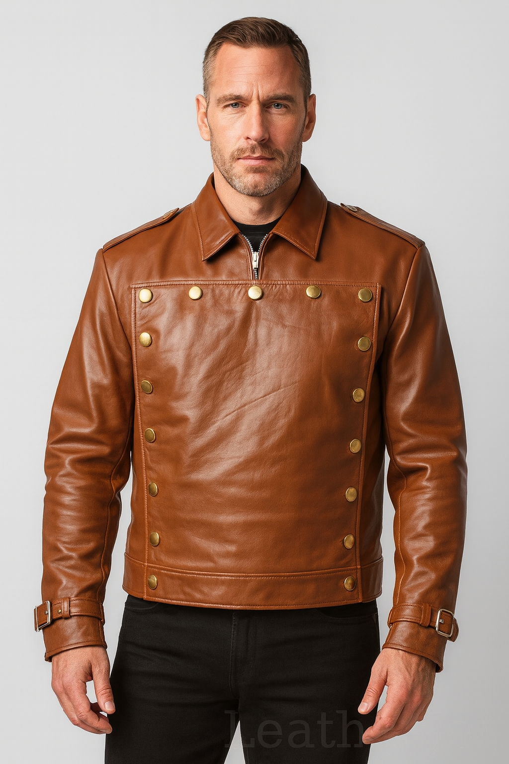 Men’s Light Brown Military-Style Leather Jacket – Brass Button Front Closure