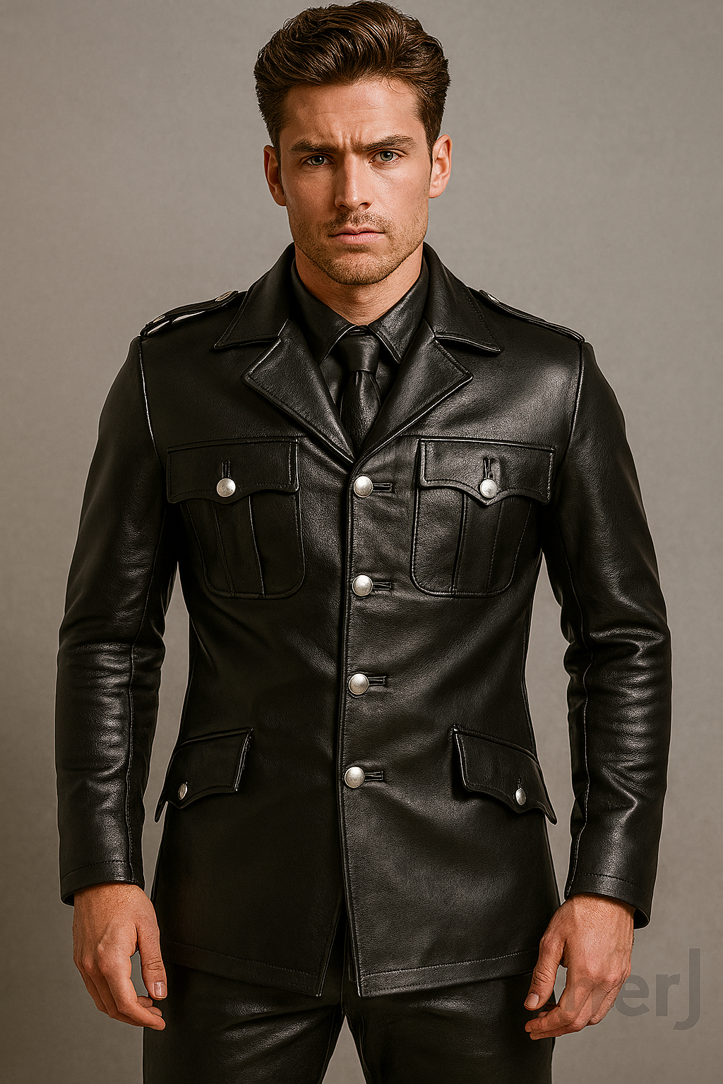 Men’s Military Style Real Leather Jacket – Classic Black with Silver Buttons | Premium Slim Fit