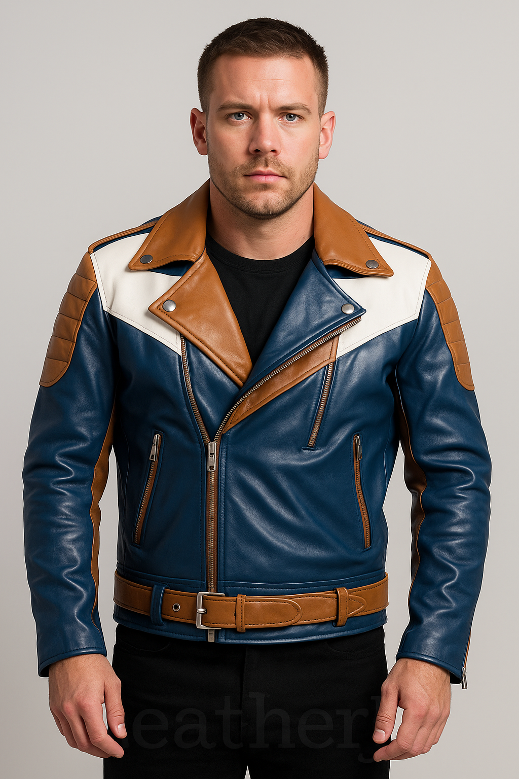 Men’s Two-Tone Leather Jacket – White and Brown Western Style with Snap Button Closure