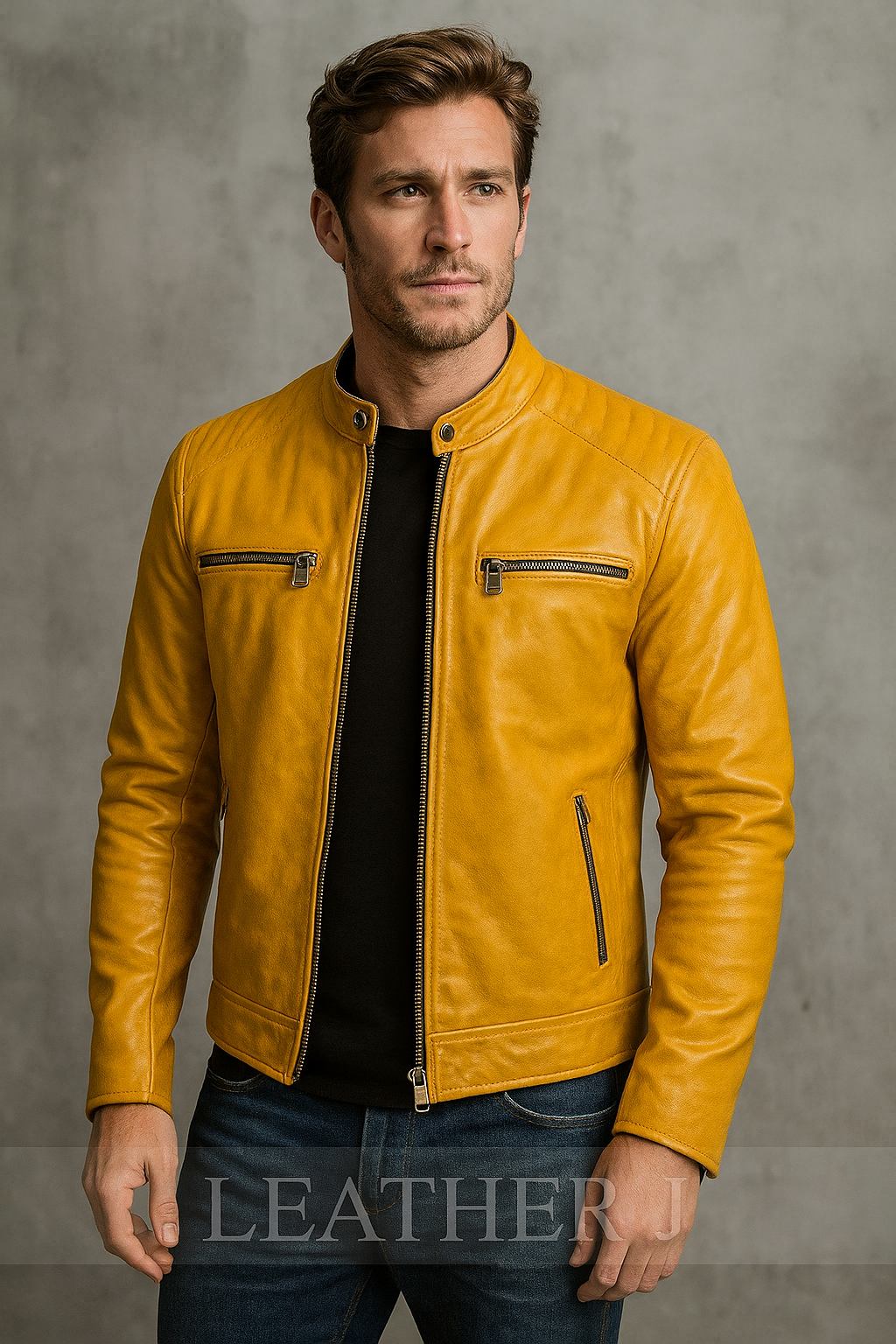 Men’s Mustard Yellow Real Leather Biker Jacket – Slim Fit Style