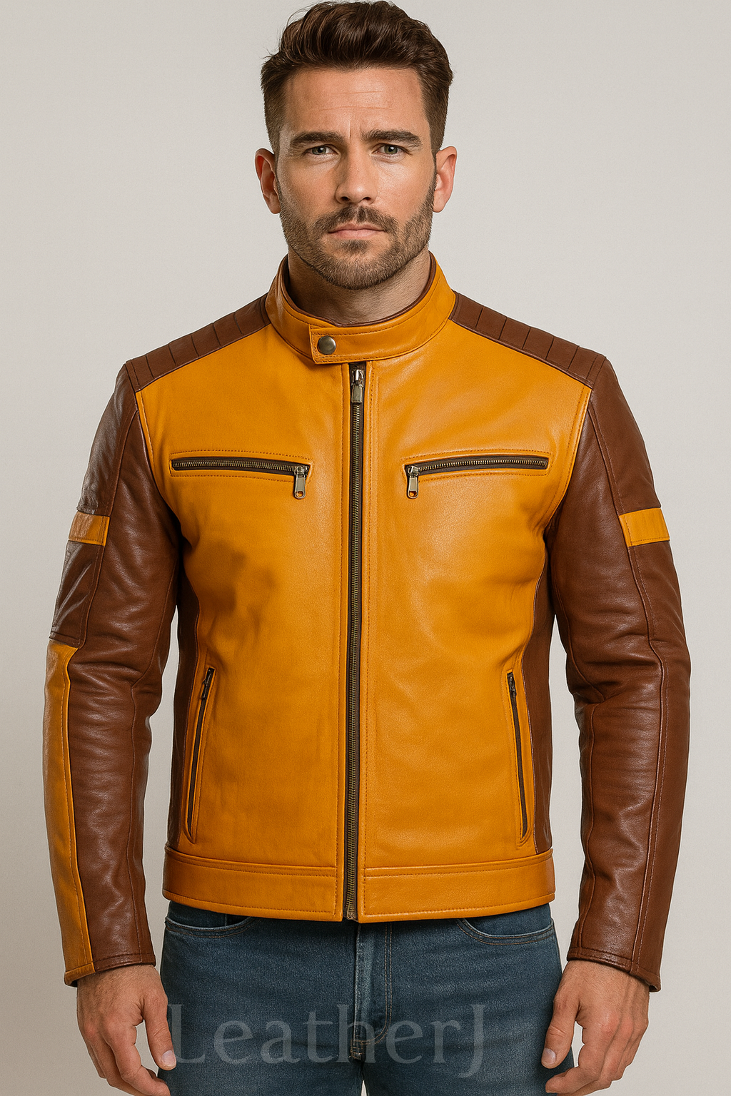 Men’s Mustard Yellow and Brown Real Leather Jacket – Bold Dual-Tone Biker Style
