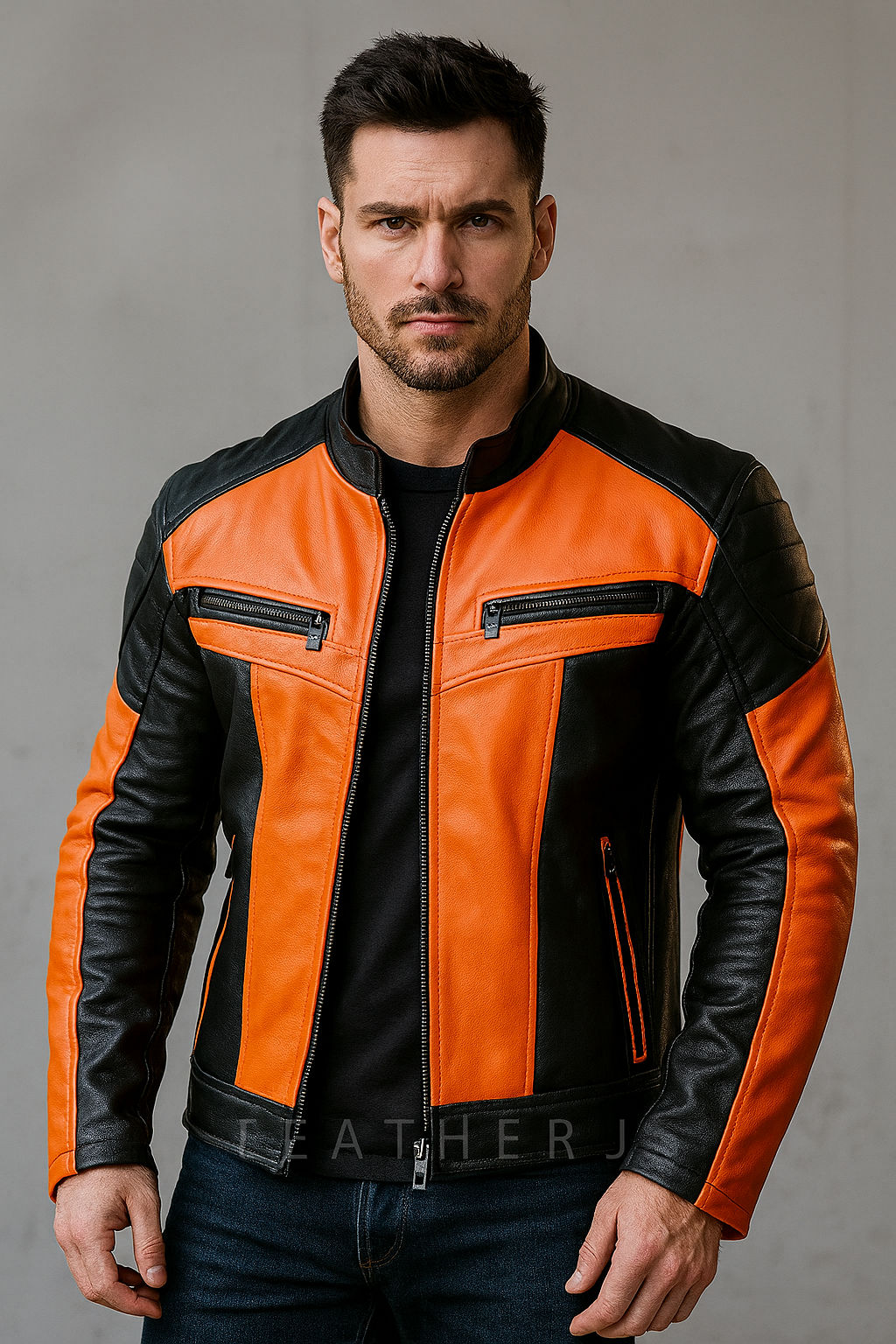 Men’s Orange & Black Leather Motorcycle Jacket – Biker Racing Style