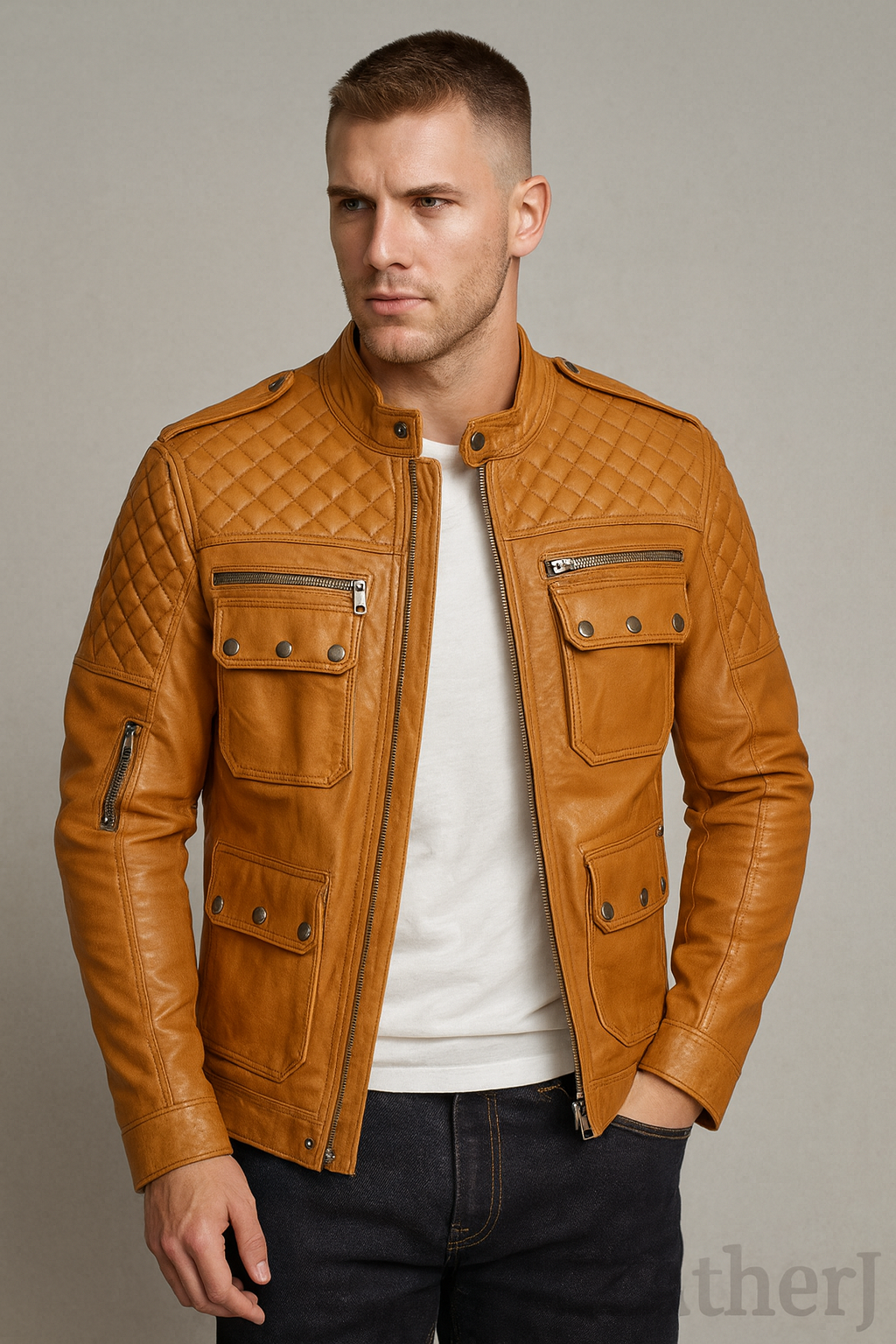 Men’s Quilted Mustard Tan Real Leather Jacket – Stylish American Biker Outfit