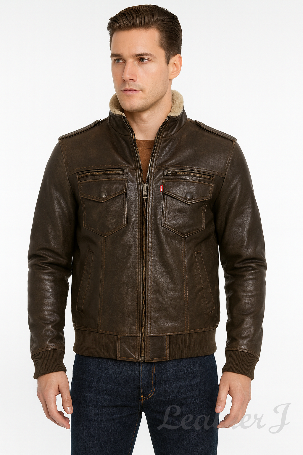 Men's Real Leather Bomber Jacket - Dark Brown Vintage Look with Sherpa Collar