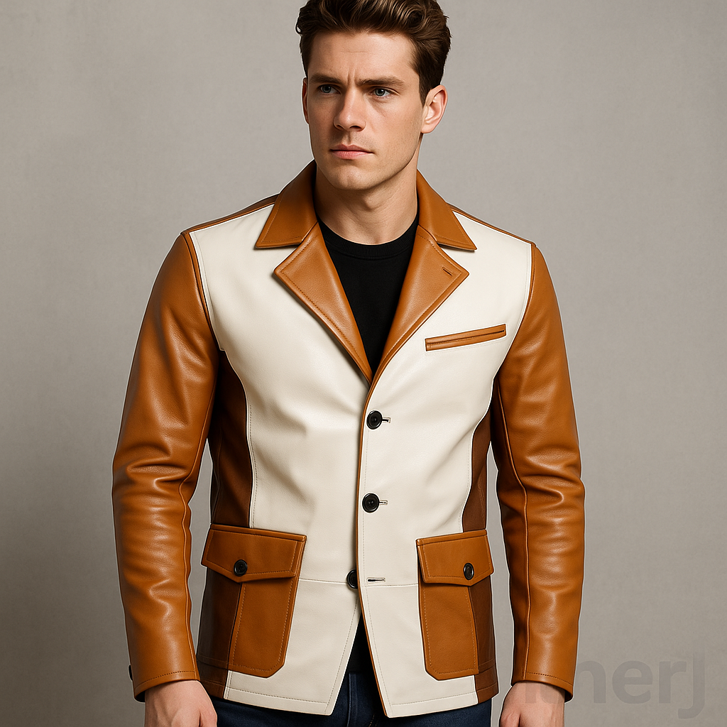 Men’s Real Leather Jacket – Tri-Color White, Tan & Brown | Modern Blazer Style