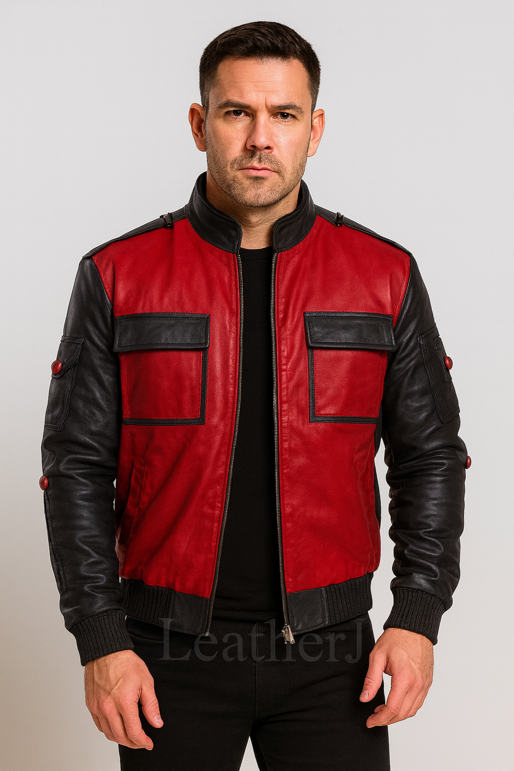 Men’s Red & Black Leather Bomber Jacket – Stylish Real Leather Outerwear for Casual & Biker Wear