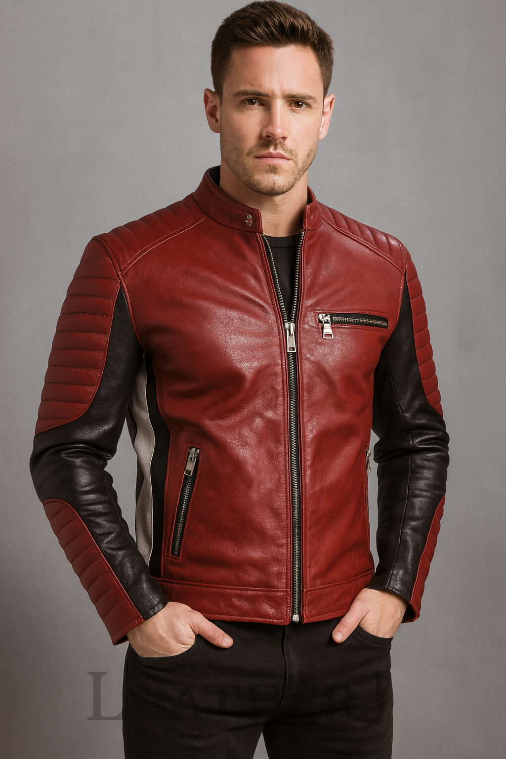 Men’s Red & Black Real Leather Biker Jacket – Quilted Slim Fit Motorcycle Style