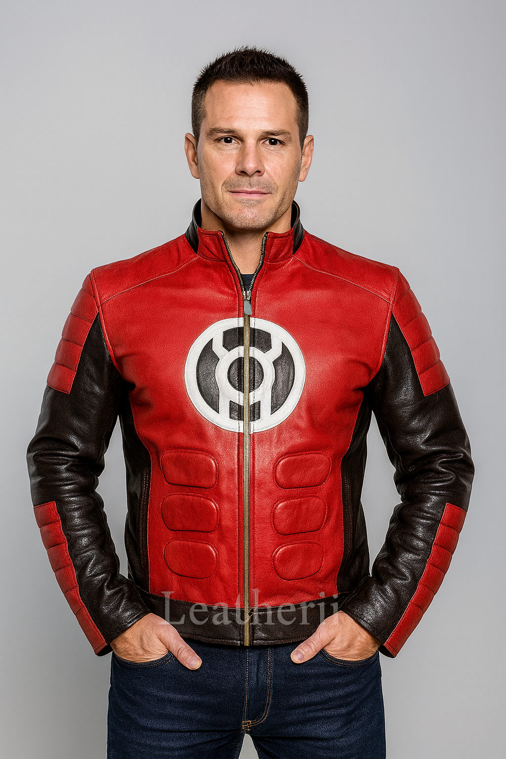 Men’s Red & Black Real Leather Red Lantern Jacket – Superhero Inspired Outerwear