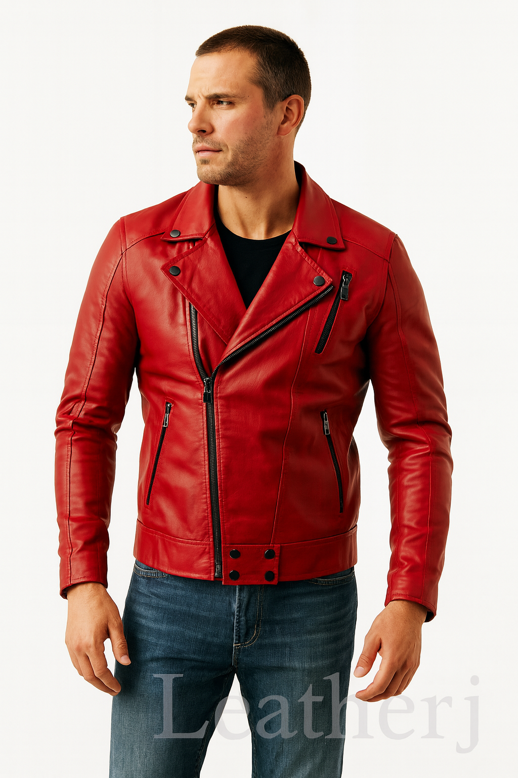 Men’s Red Leather Biker Jacket – Slim Fit Motorcycle Style with Asymmetrical Zipper