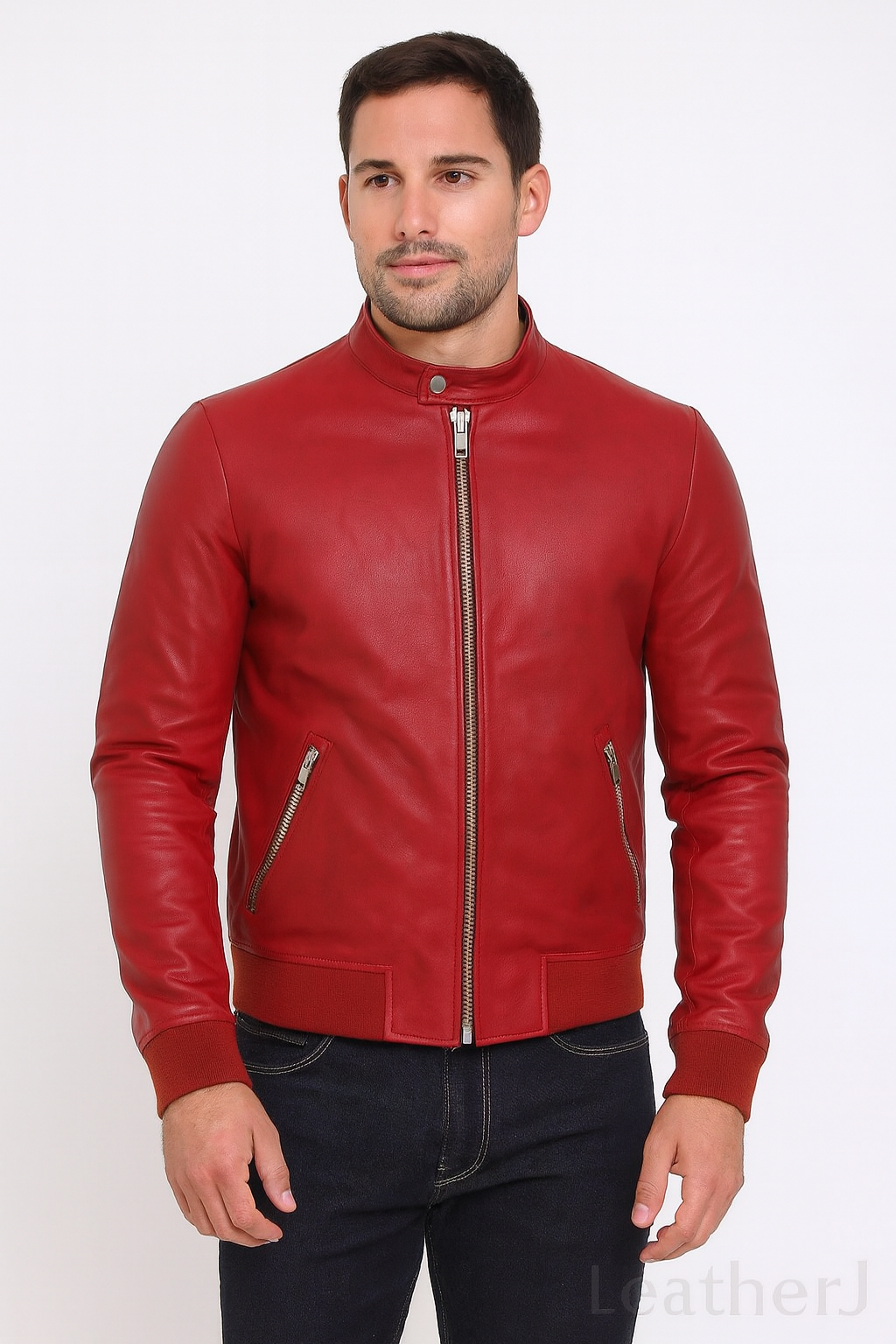 Men’s Red Leather Biker Jacket – Slim Fit Zip-Up Style