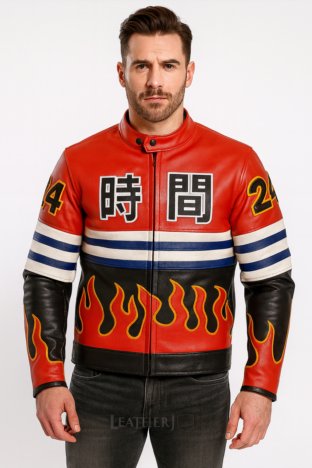 Men’s Red Leather Flame Racing Jacket – Japanese Kanji & Number 24 Moto Style