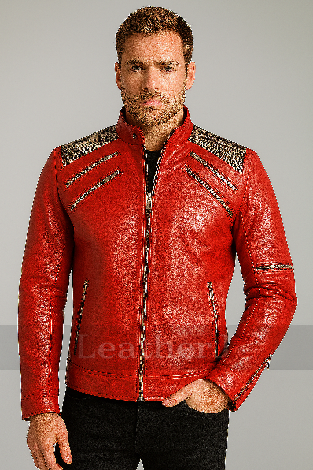 Men’s Red Leather Jacket – Designer Fit with Zipper Detailing