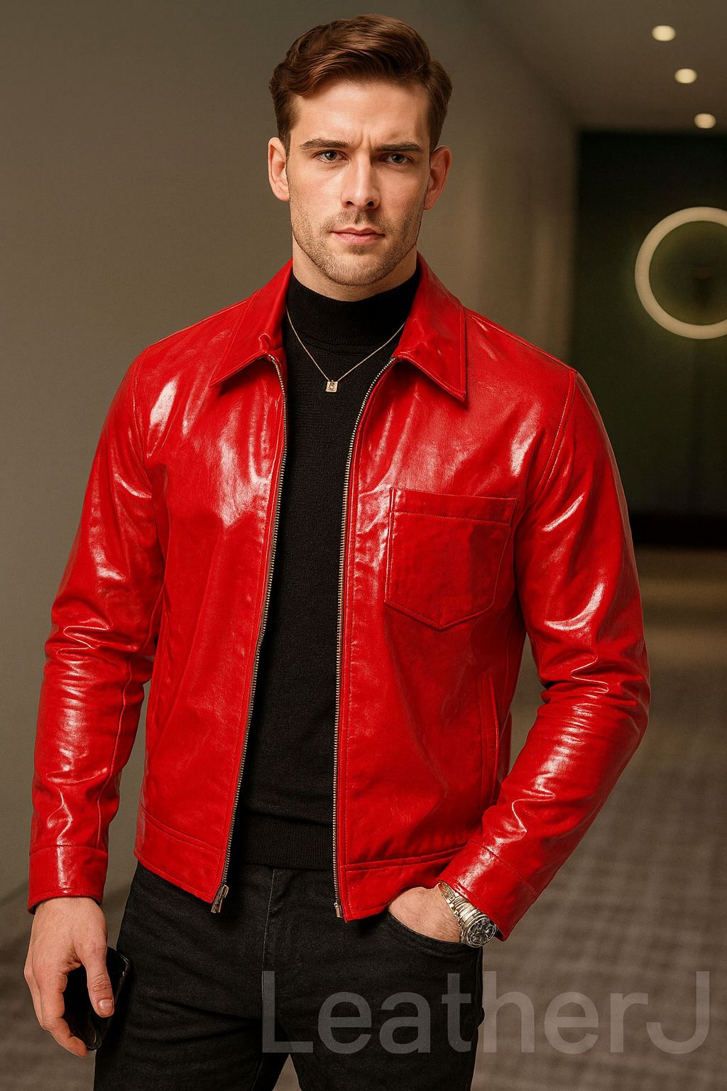 Men’s Red Leather Jacket – Stylish Slim Fit Zip-Up