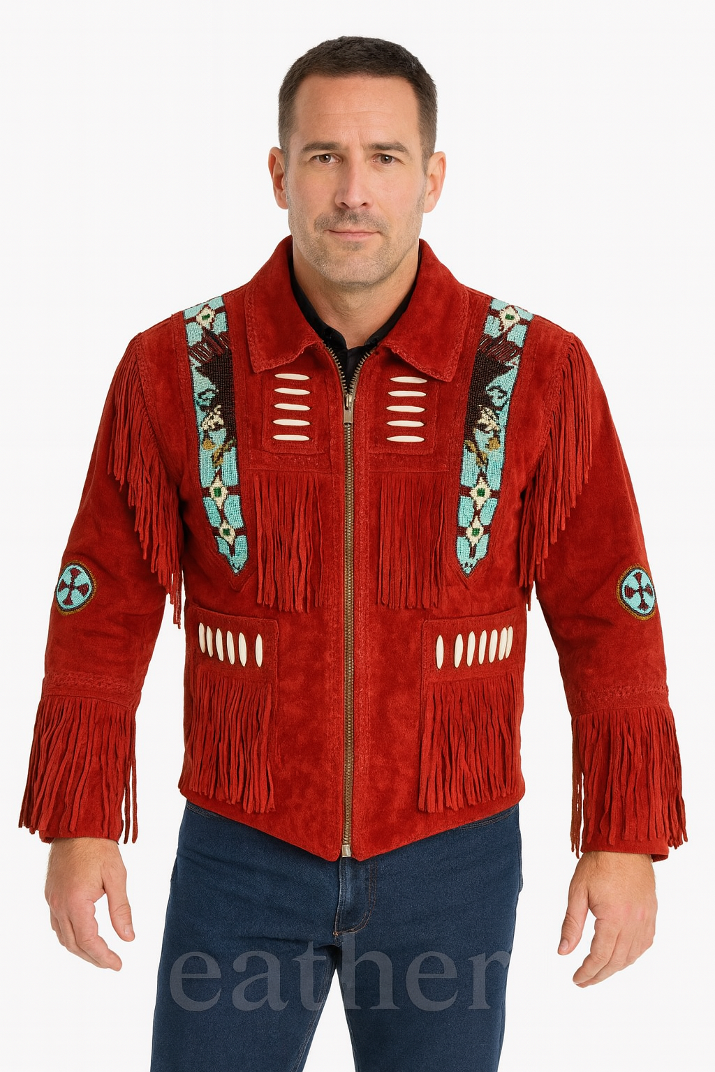 Men’s Red Suede Western Fringe Jacket – Native Beaded Leather Coat with Bone Details