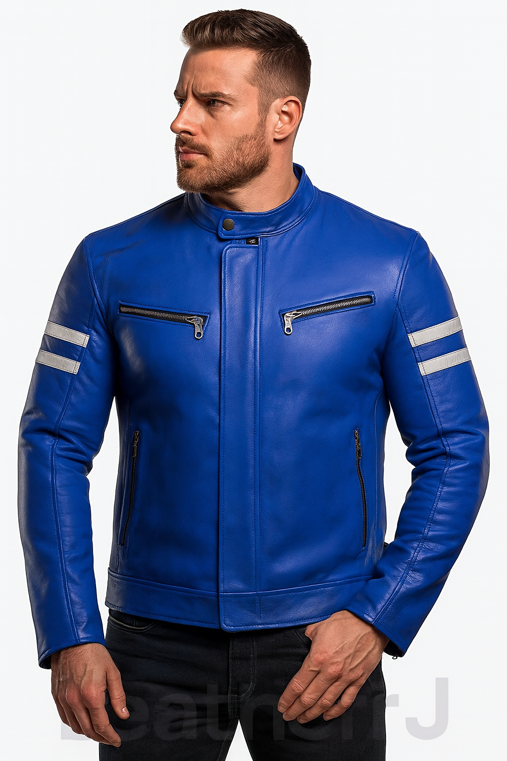Men’s Royal Blue Real Leather Biker Jacket – White Stripe Slim Fit Moto Style