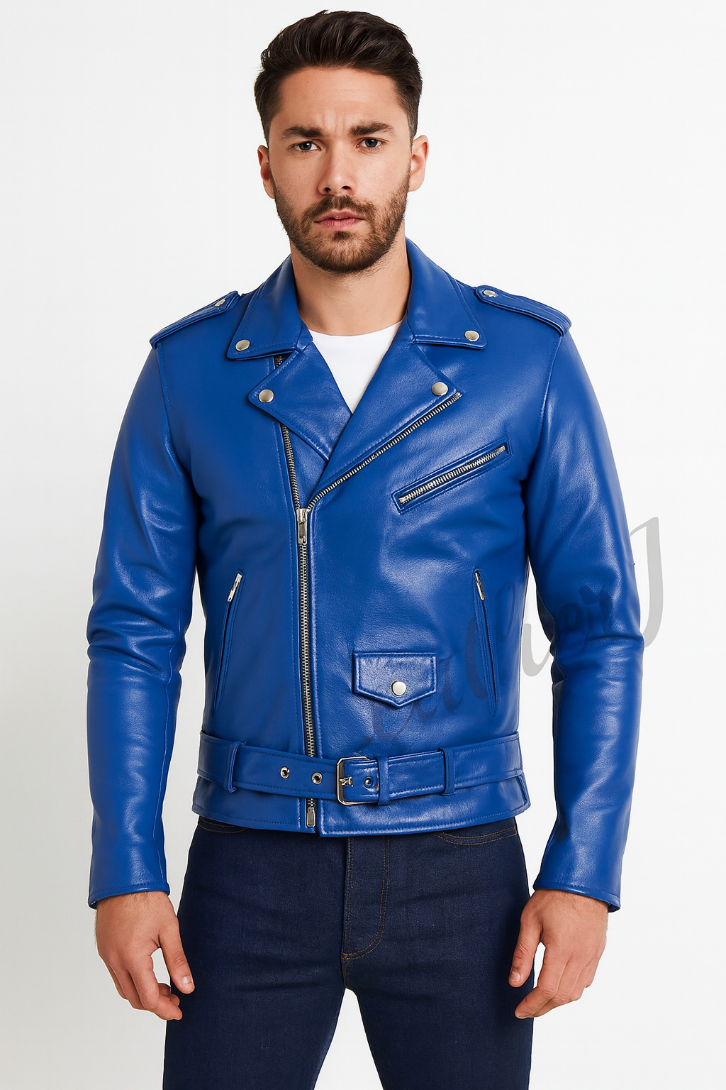 Men’s Royal Blue Real Leather Biker Jacket – Classic Asymmetrical Motorcycle Style
