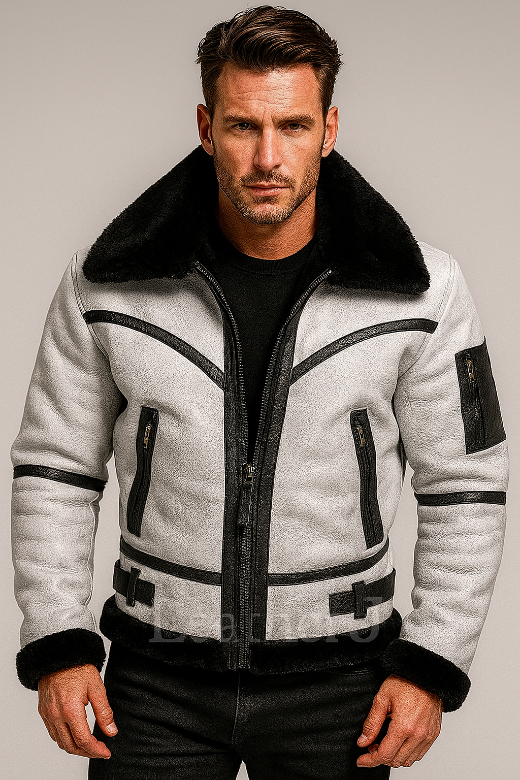 Men’s Shearling Aviator Leather Jacket – White & Black Real Fur Collar Bomber Style