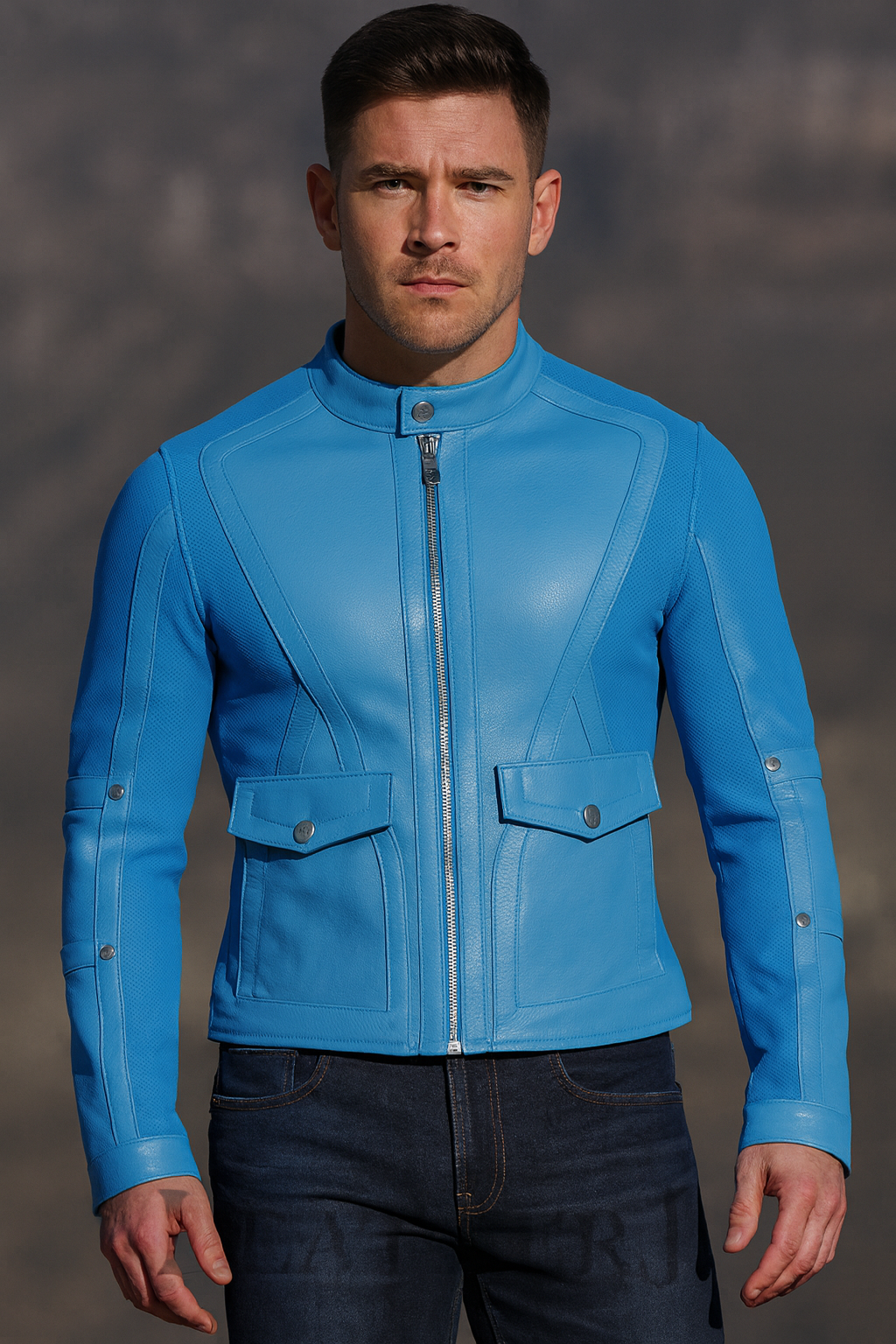 Men’s Sky Blue Real Leather Jacket – Slim Fit Stylish Motorcycle Fashion Wear