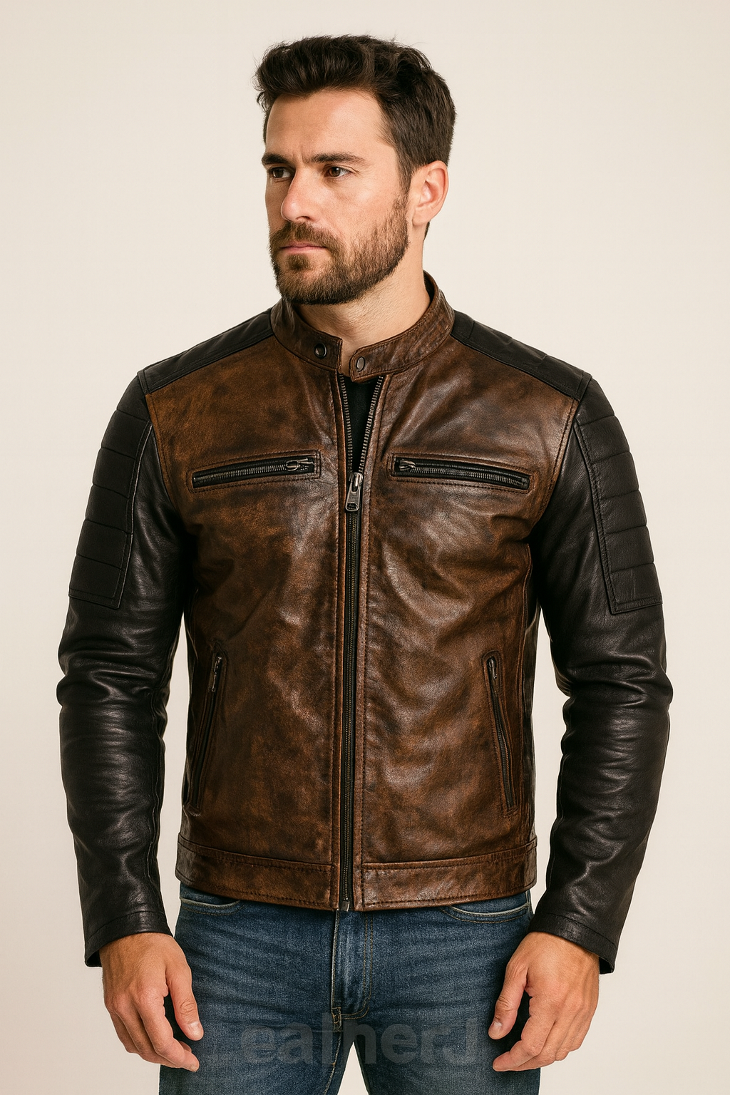 Men’s Two-Tone Brown & Black Real Leather Biker Jacket – Quilted Sleeve Café Racer Style