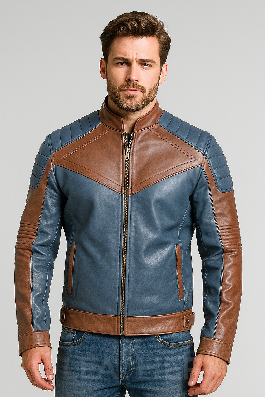 Men’s Two-Tone Brown & Blue Real Leather Biker Jacket – Stylish Slim Fit Outerwear
