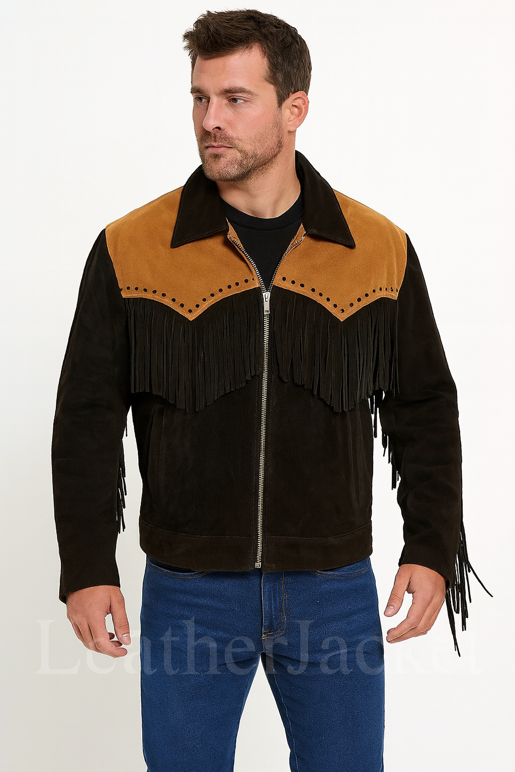 Men’s Two-Tone Suede Fringe Western Jacket – Black and Tan Cowboy Style with Zip Closure