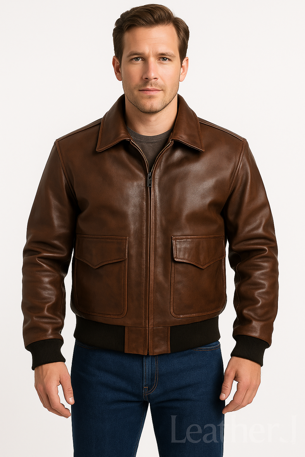 Men’s Brown A-2 Bomber Leather Jacket – Classic Military Style