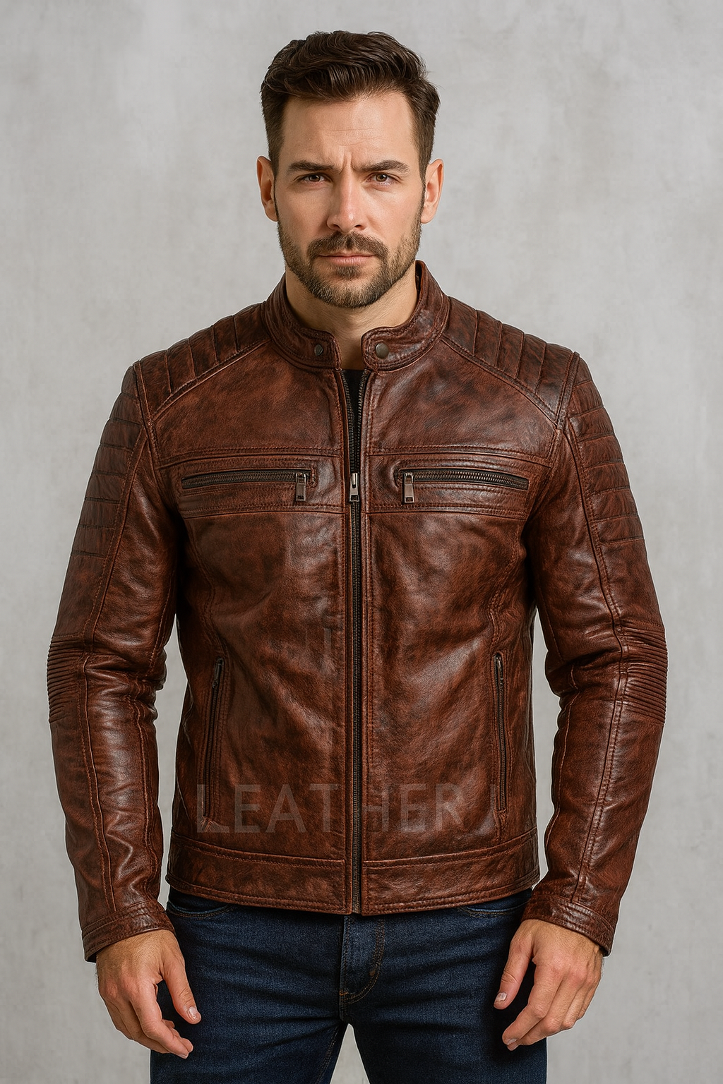 Men’s Vintage Rust Brown Real Leather Biker Jacket – Distressed Cafe Racer Style