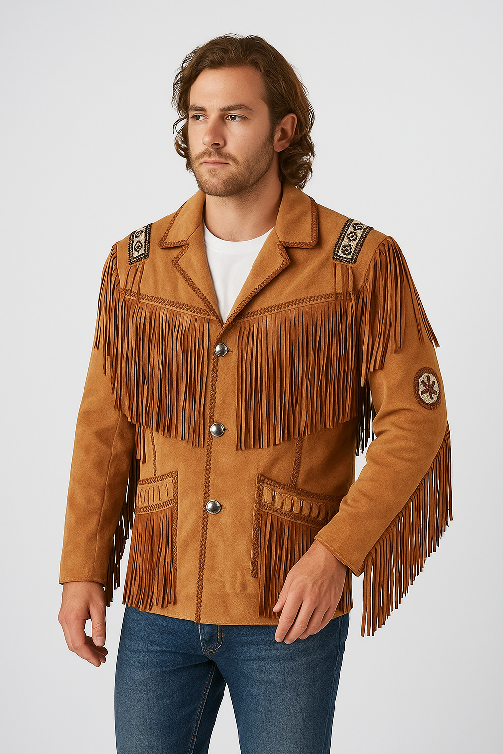 Men's Western Suede Fringe Jacket – Tan Leather Cowboy Style with Beaded Details