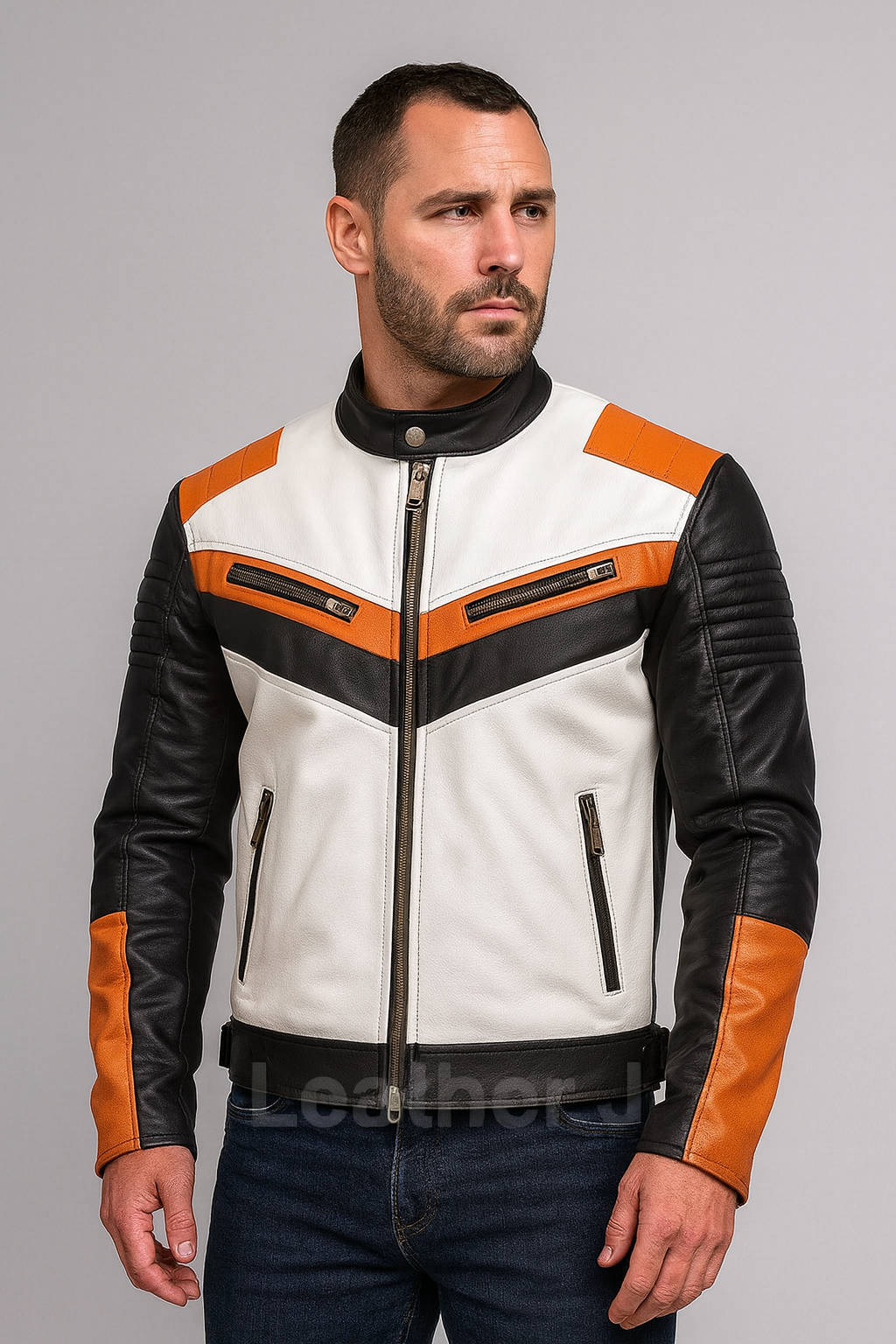 Men’s White, Black & Orange Biker Leather Jacket – Premium Real Leather Motorcycle Gear