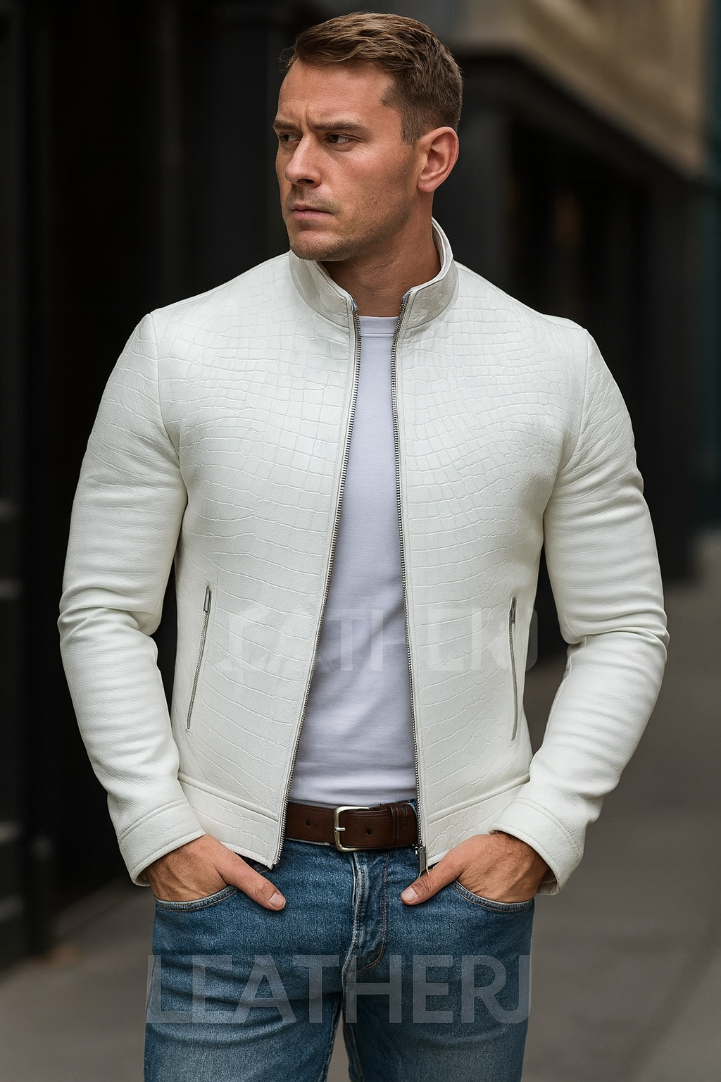 Men’s White Crocodile Embossed Real Leather Jacket – Slim Fit Designer Outerwear