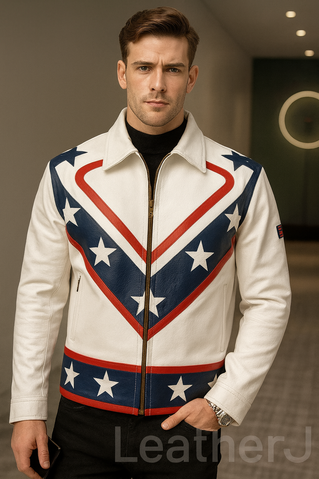 Men’s White Leather Jacket – USA Stars & Stripes Design