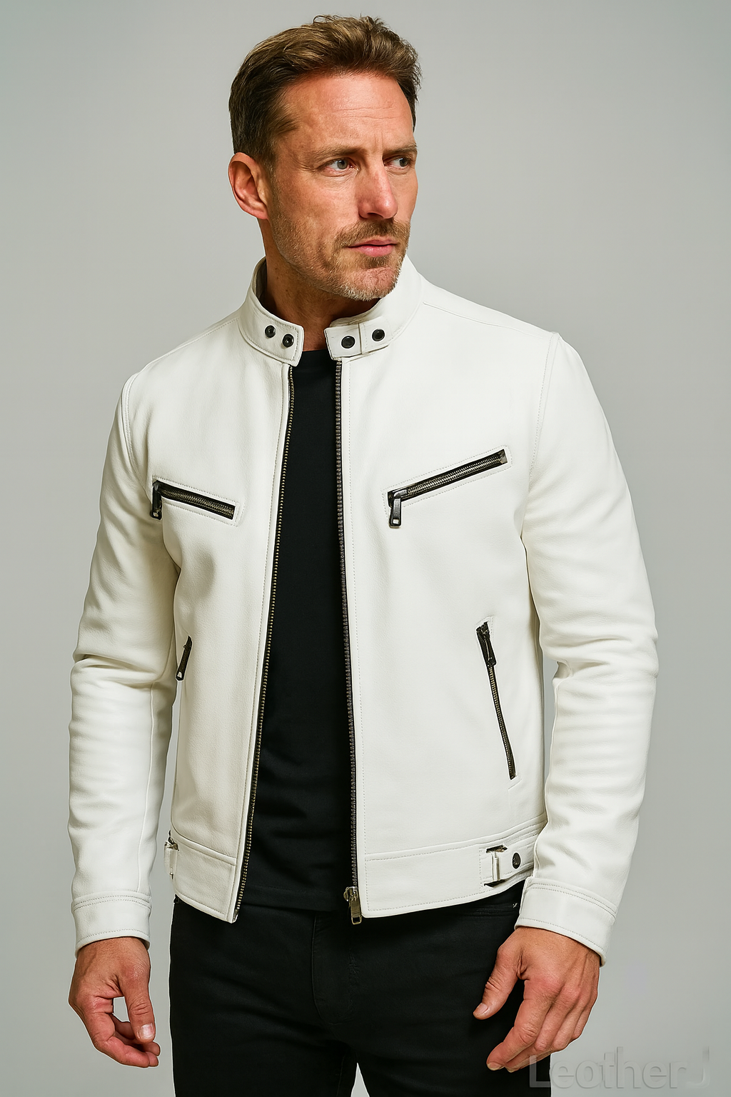 Men’s White Real Leather Biker Jacket – Slim Fit Motorcycle Style with Zipper Pockets