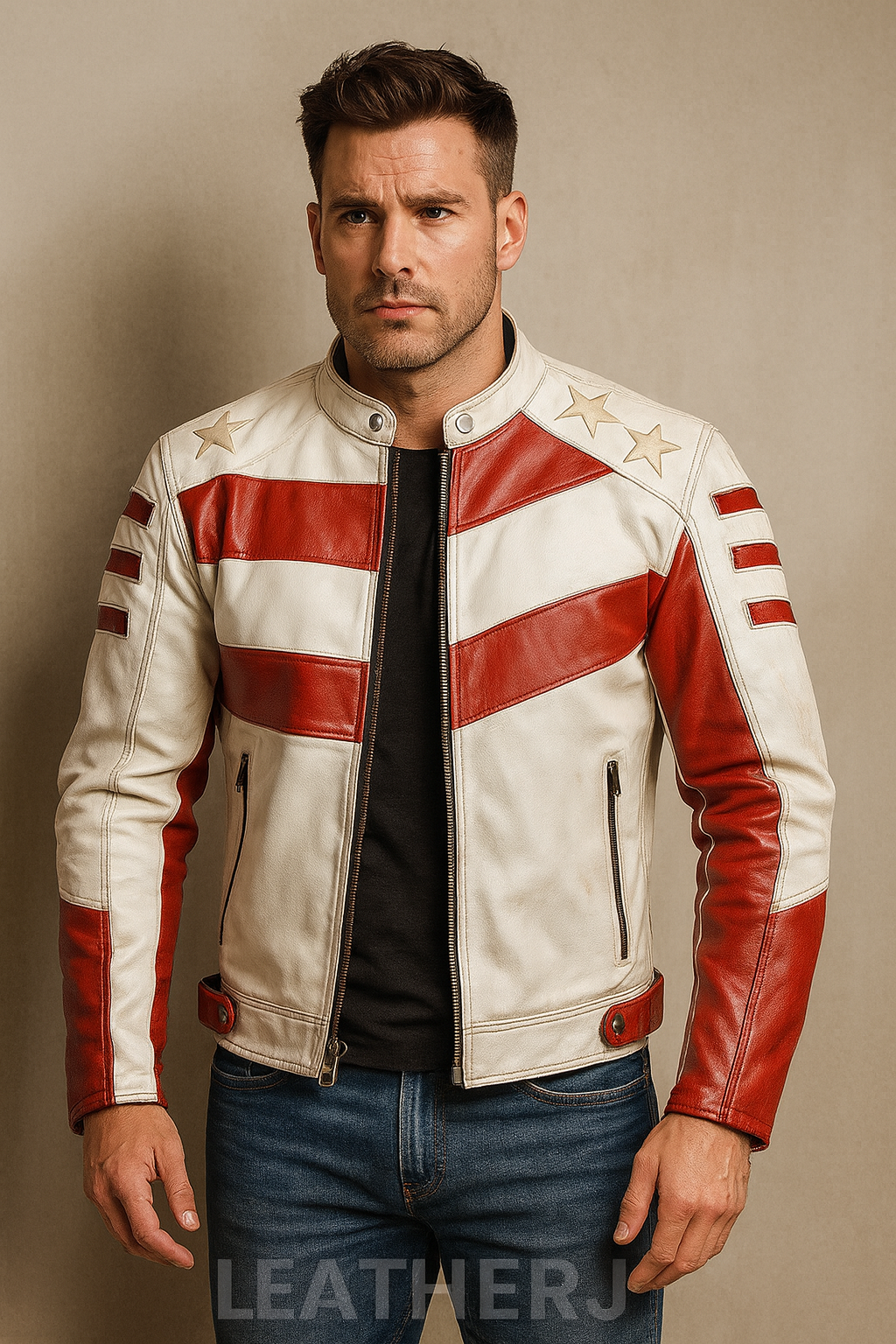 Men’s White & Red American Flag Leather Biker Jacket – Stars & Stripes Motorcycle Style
