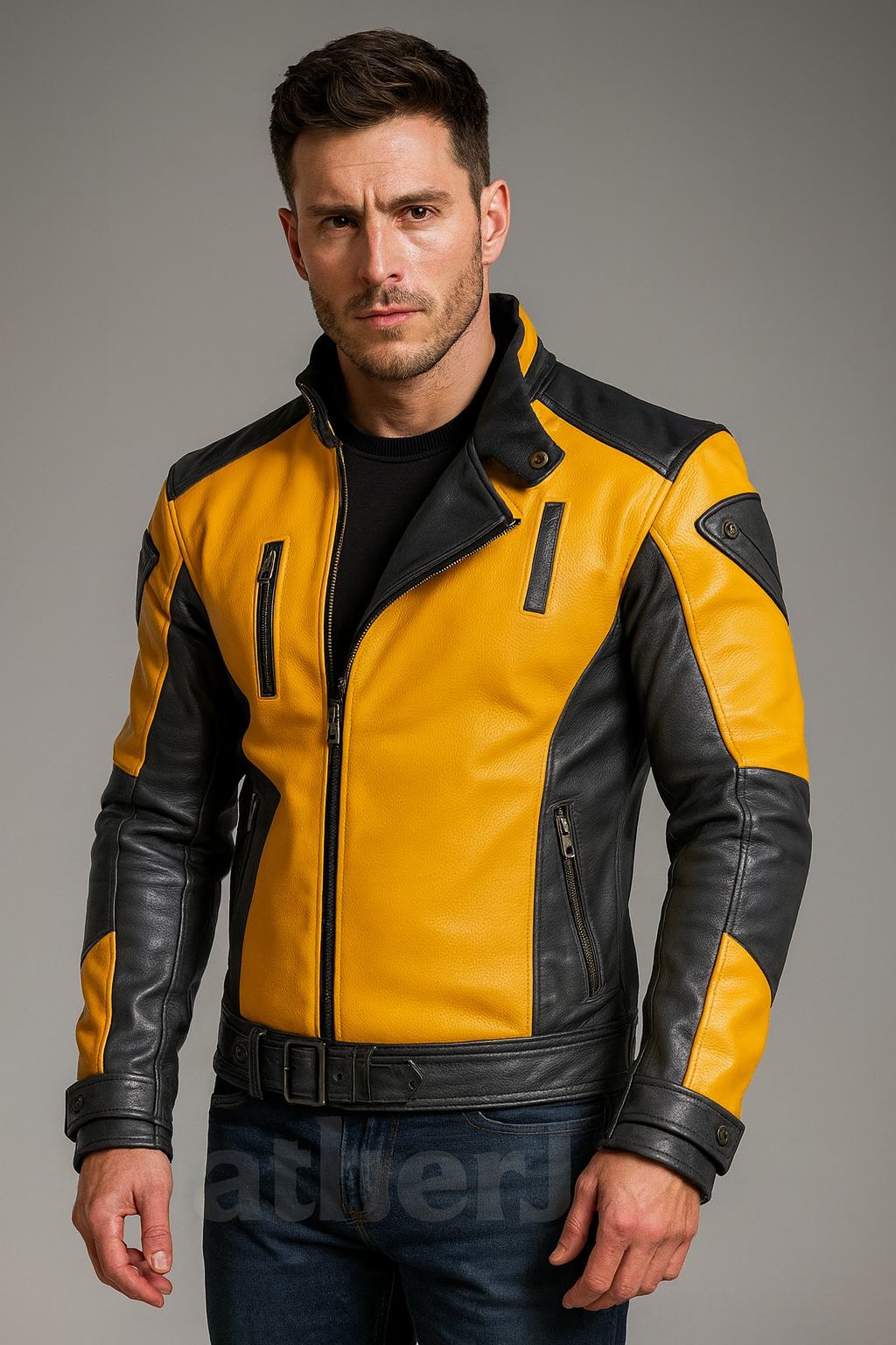Men’s Yellow & Black Real Leather Motorcycle Jacket – Sport Biker Racing Style