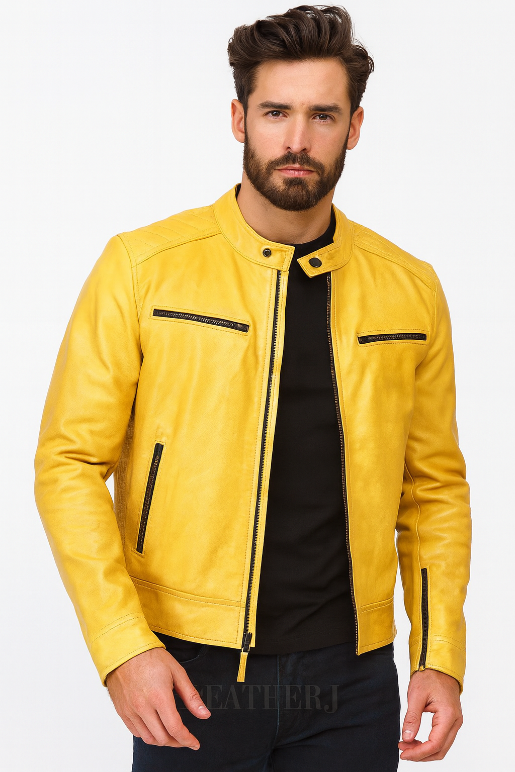 Men’s Yellow Leather Biker Jacket – Premium Real Leather Motorcycle Style Outerwear