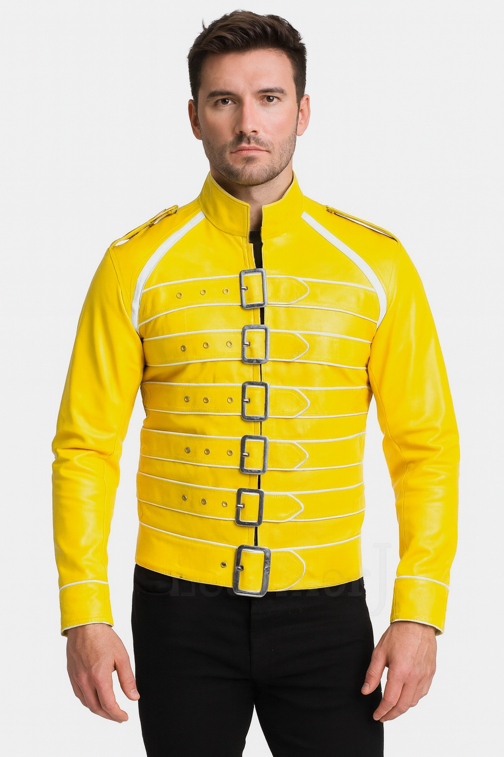 Premium Yellow Real Leather Military-Inspired Jacket – Stylish Buckle Closure Design for Men