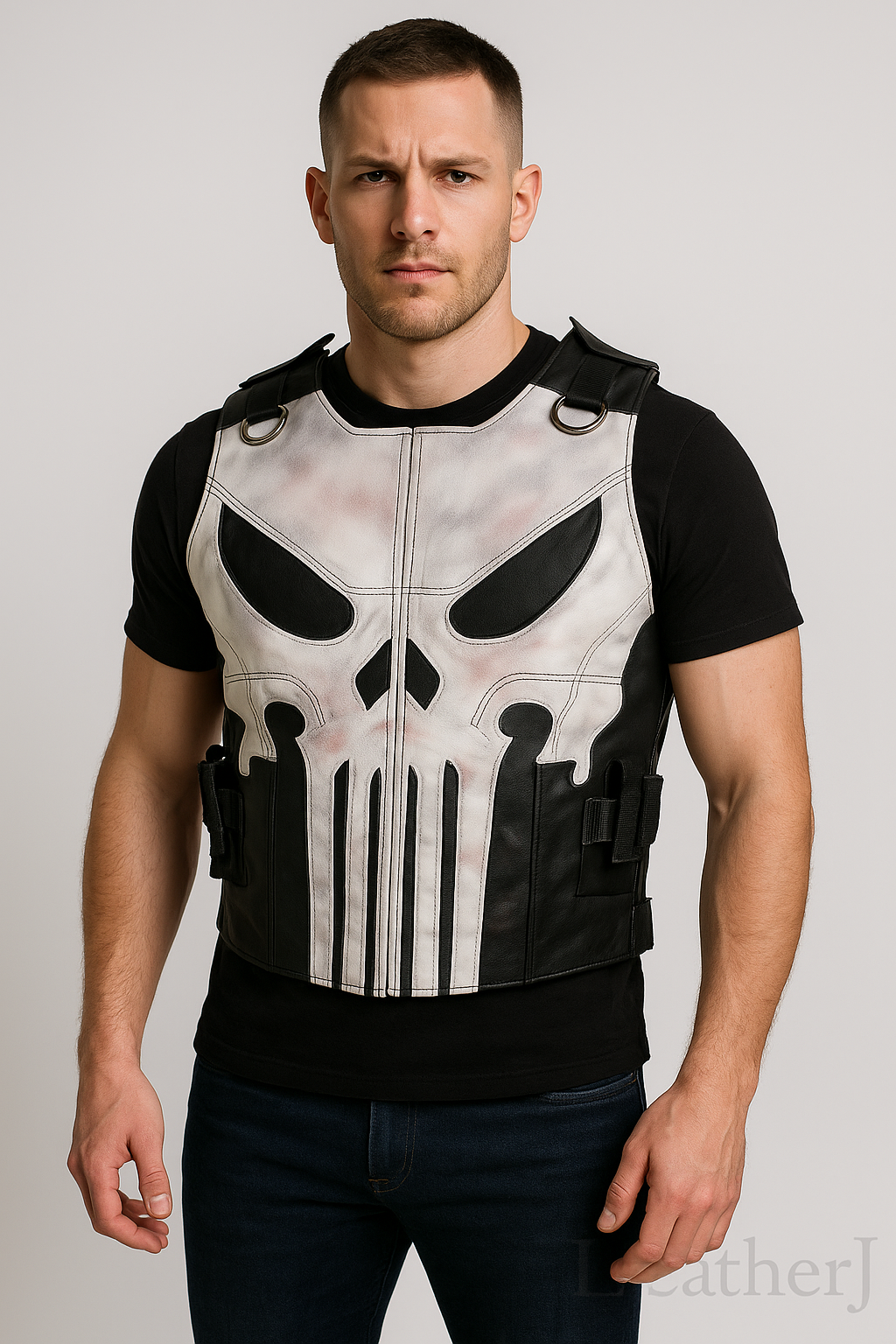 Punisher Skull Leather Vest – White & Black Tactical Style