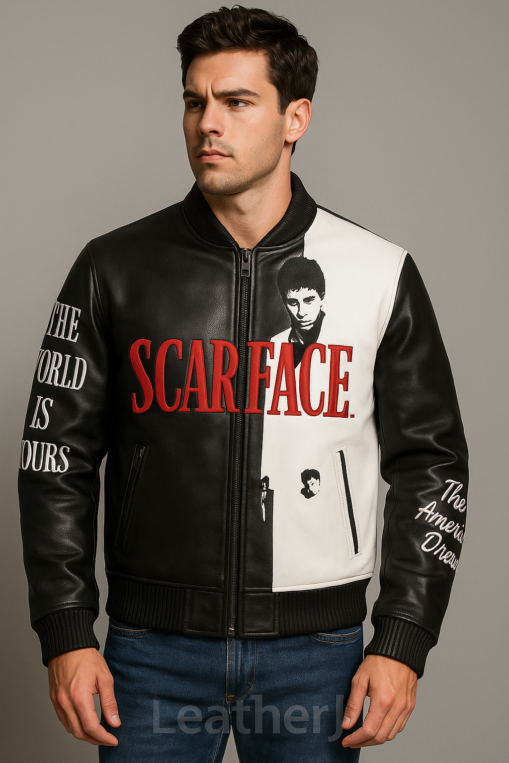 Men’s Black & White Scarface Leather Jacket – Movie-Inspired Streetwear