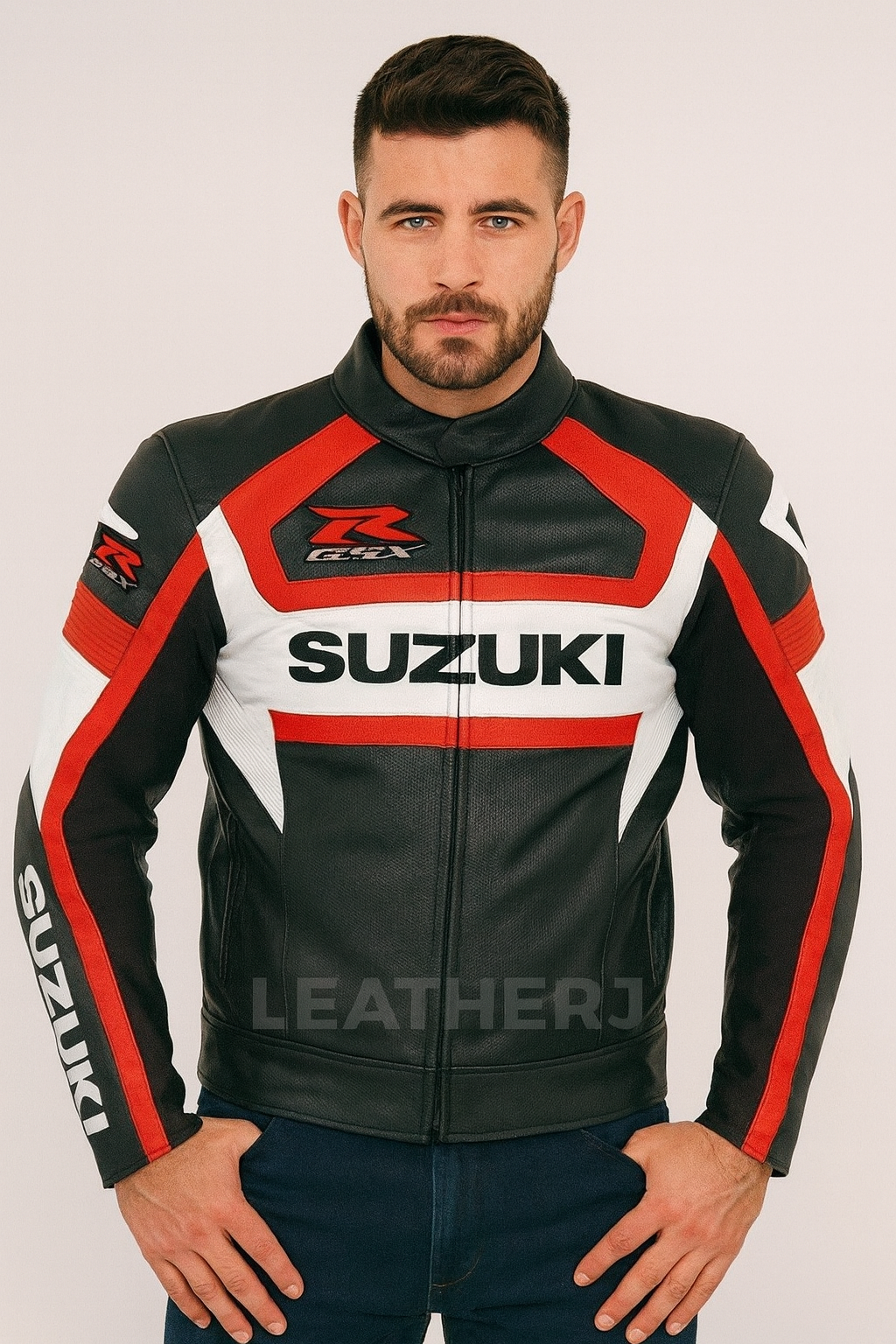 Suzuki GSX-R Racing Leather Motorcycle Jacket – Black, Red & White Sports Biker Gear