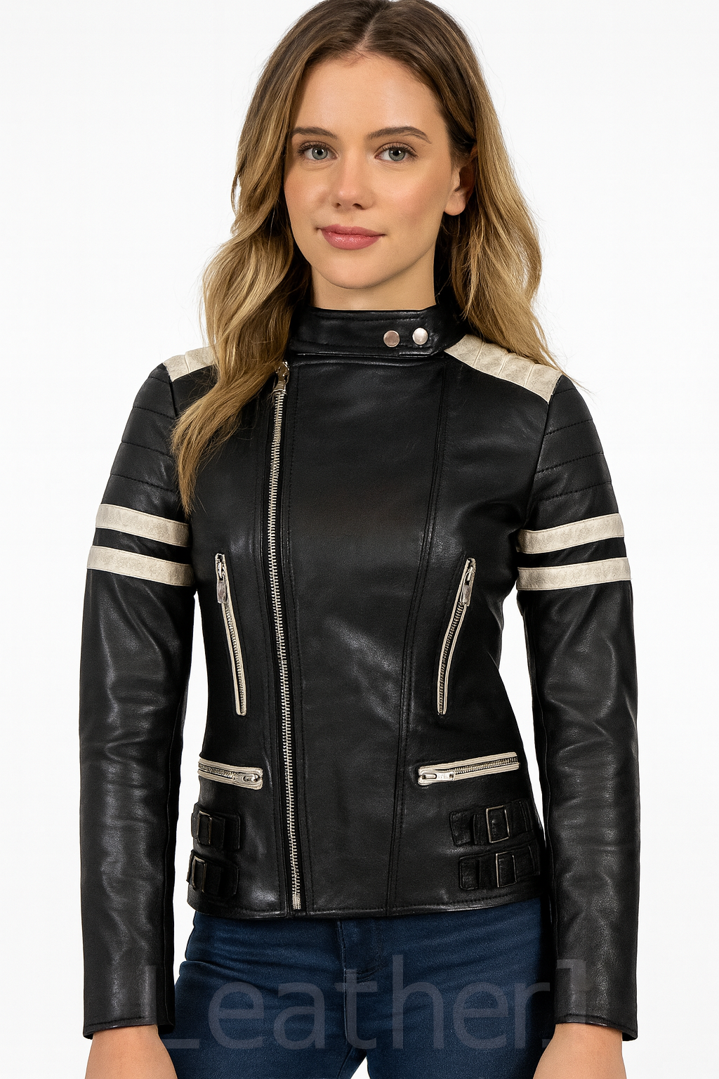 Women's Black Leather Biker Jacket with White Stripes – Genuine Leather Moto Style
