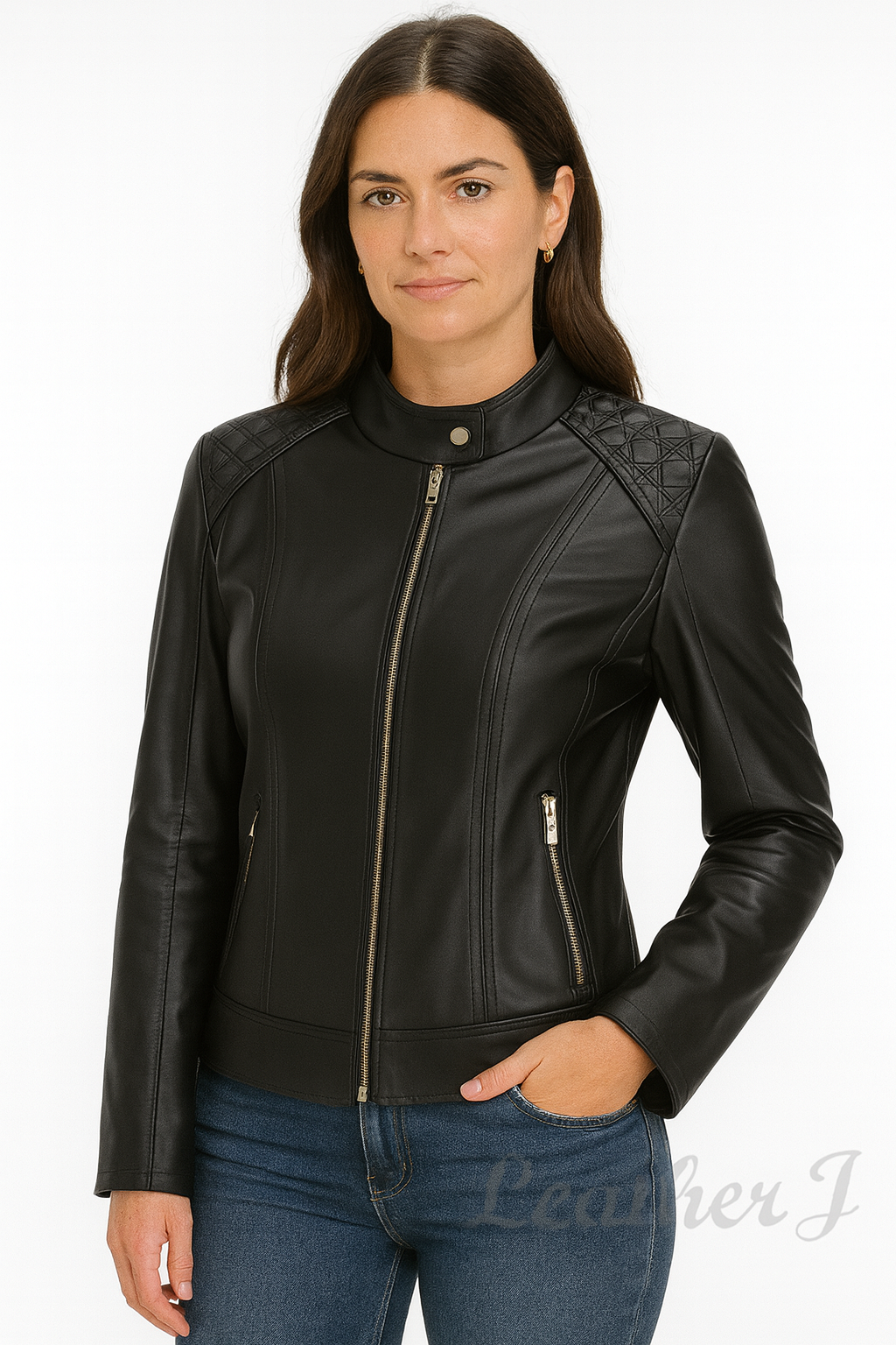 Women's Black Real Leather Jacket – Quilted Shoulder Biker Style with Gold Zippers