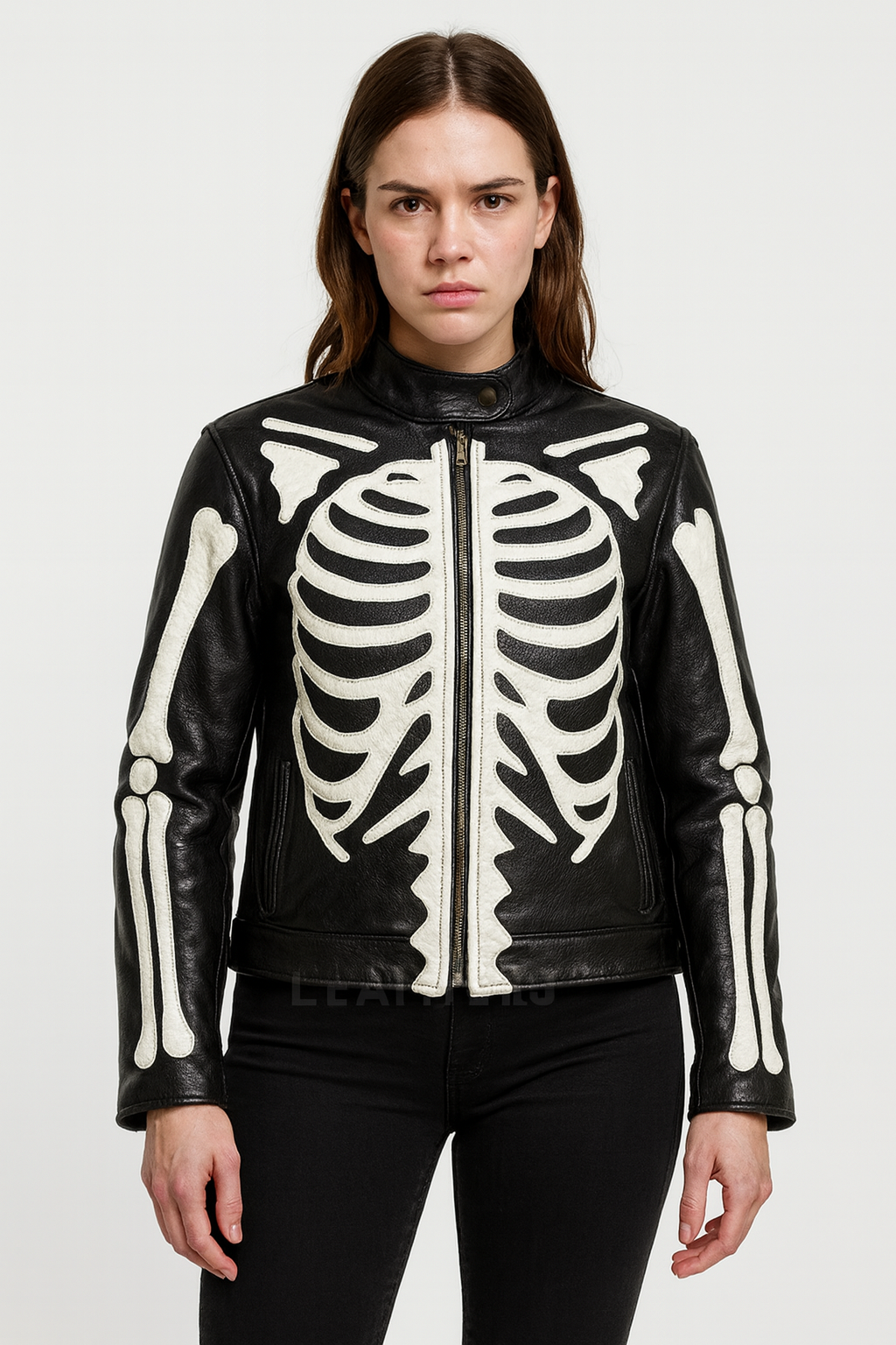 Women’s Black Skeleton Real Leather Jacket – Gothic Biker Style with White Bone Design