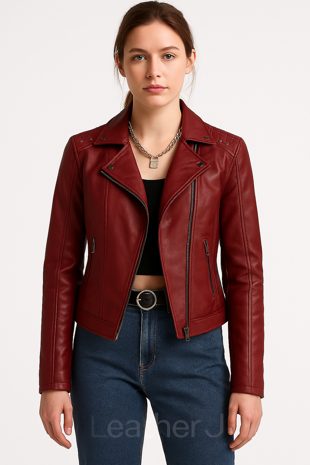 Women’s Burgundy Real Leather Moto Jacket – Slim Fit Stylish Biker Coat