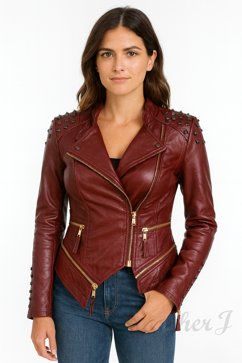 Women's Burgundy Real Leather Studded Moto Jacket – Asymmetrical Zipper & Tail Hem Design
