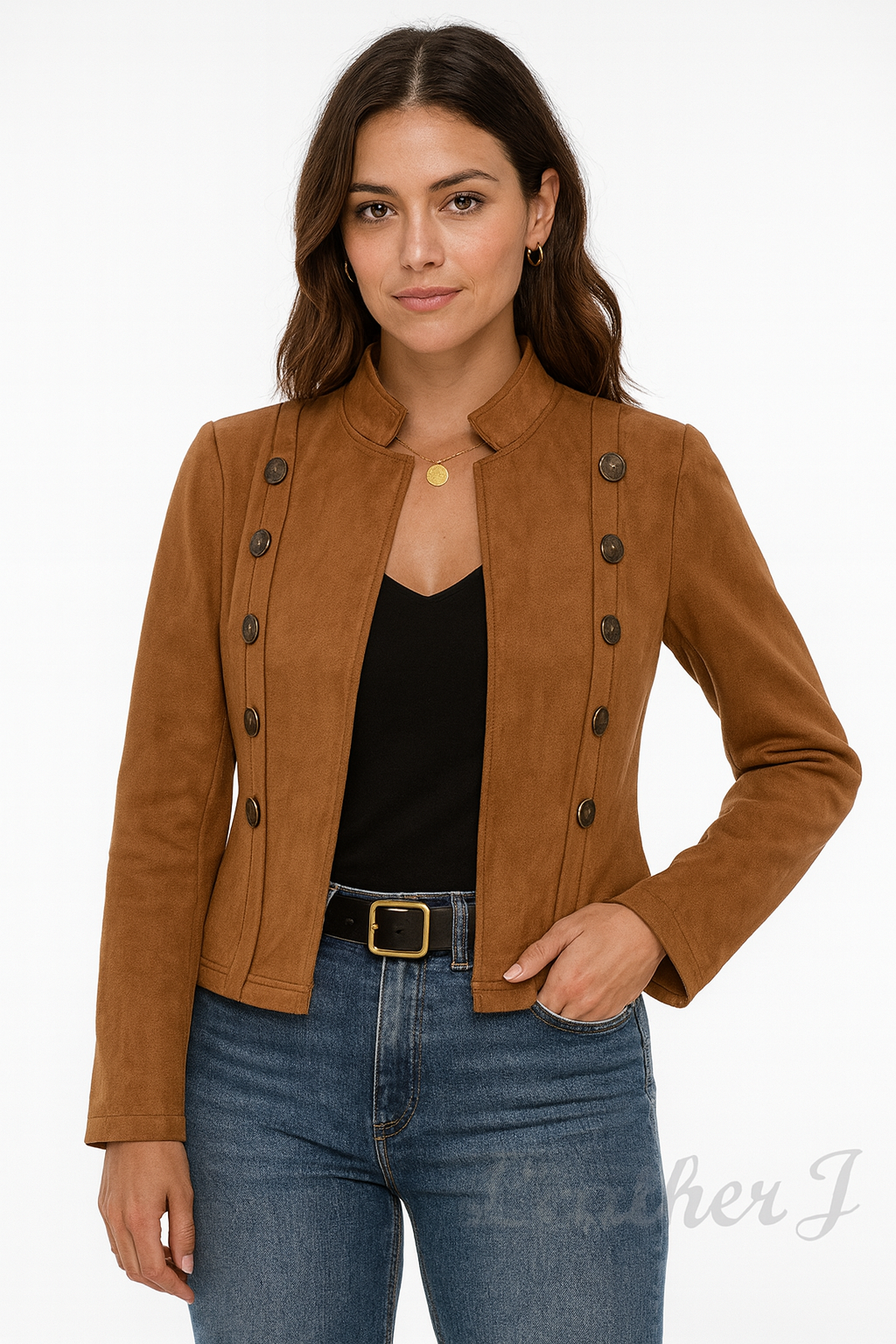 Women's Camel Brown Real Suede Military-Inspired Jacket – Button Detail & Stand Collar